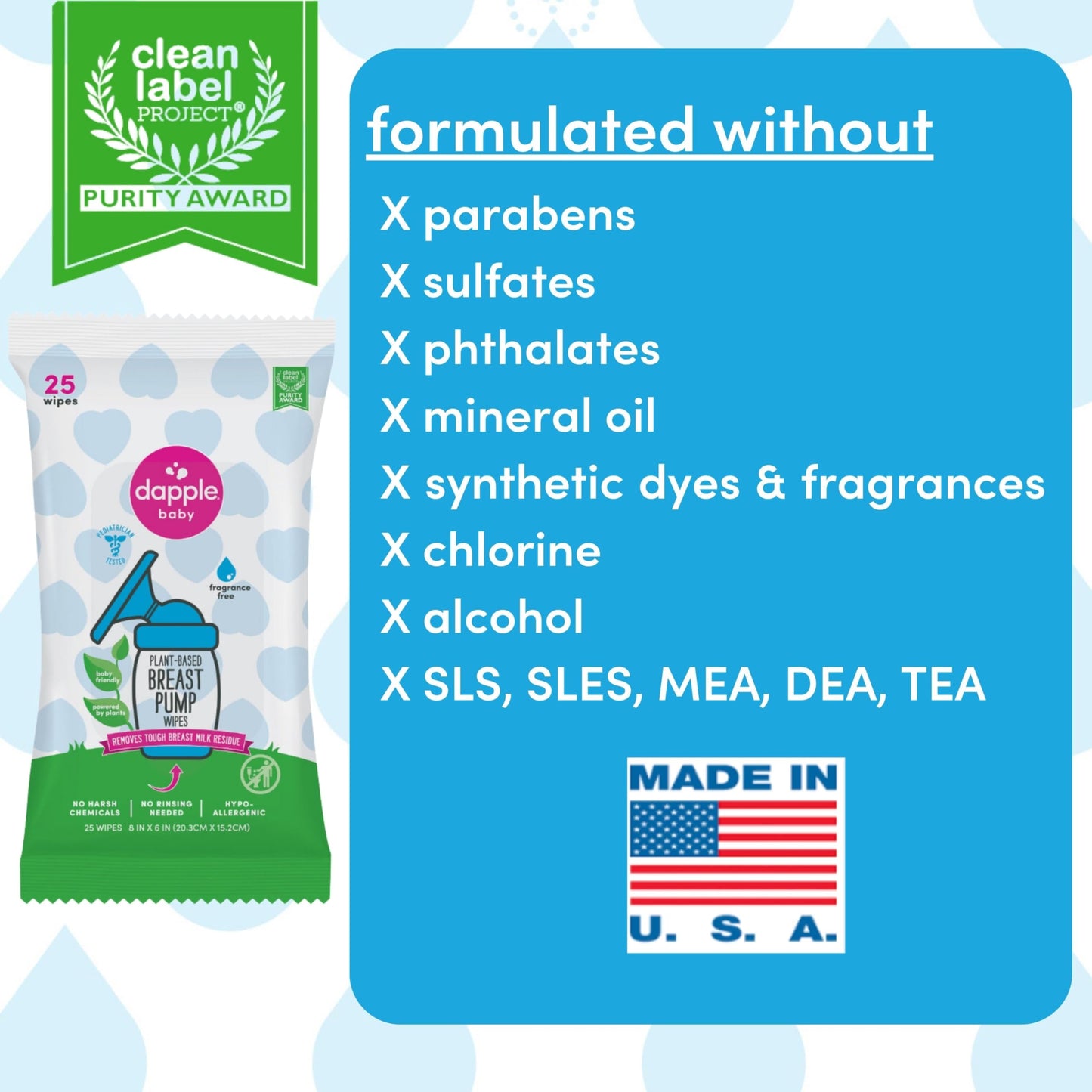 Dapple Baby, 25 unidades, sin fragancia, a base de plantas e hipoalergénicas, elimina los residuos de leche, no deja sabor, práctica bolsa para toallitas