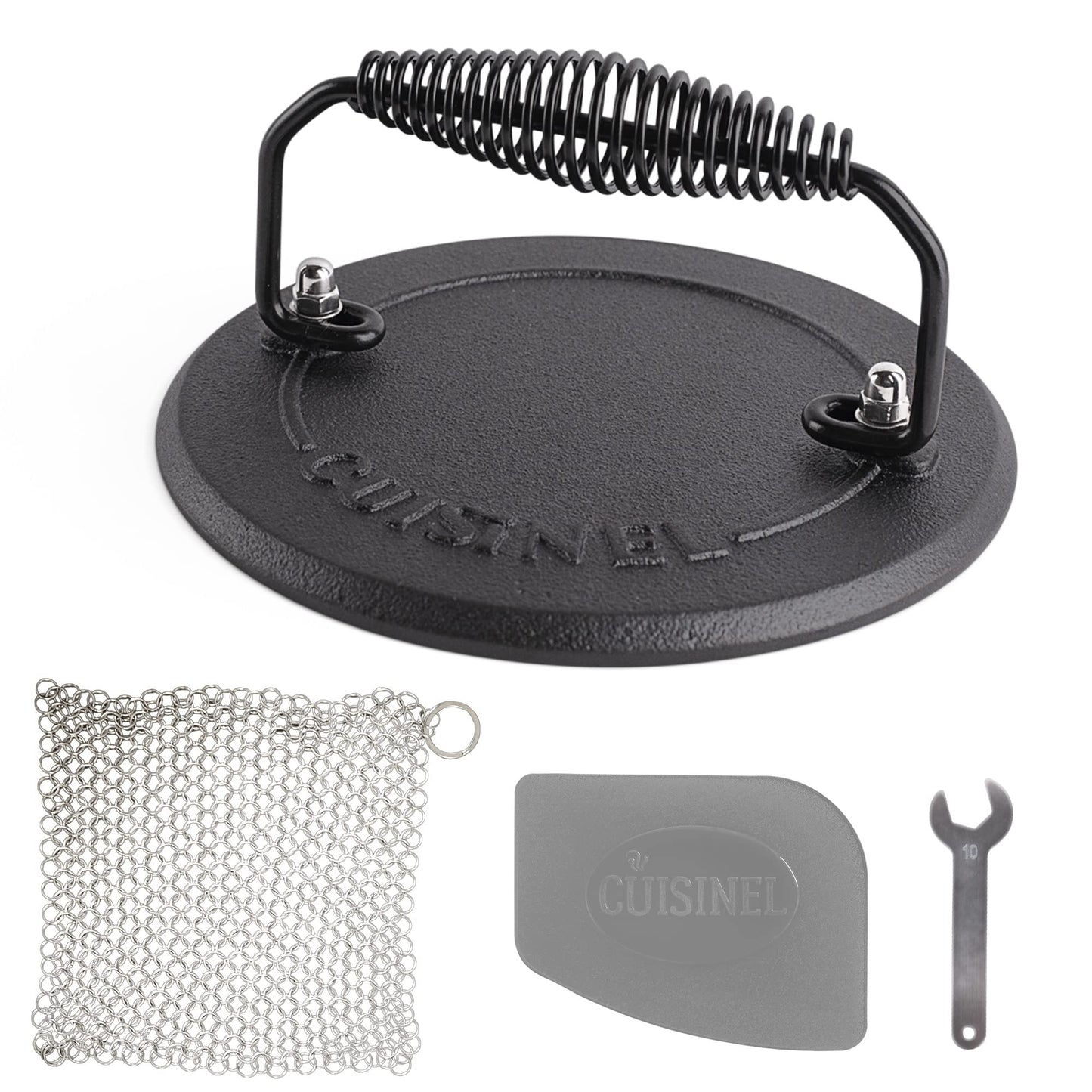 Cuisinel Prensa para parrilla + Depurador de cota de malla + Rascador - Pre-sazonado Máquina para hacer paninis/sándwiches de servicio pesado de 4 lb.