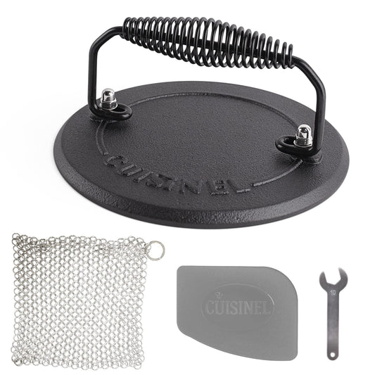 Cuisinel Prensa para parrilla + Depurador de cota de malla + Rascador - Pre-sazonado Máquina para hacer paninis/sándwiches de servicio pesado de 4 lb.