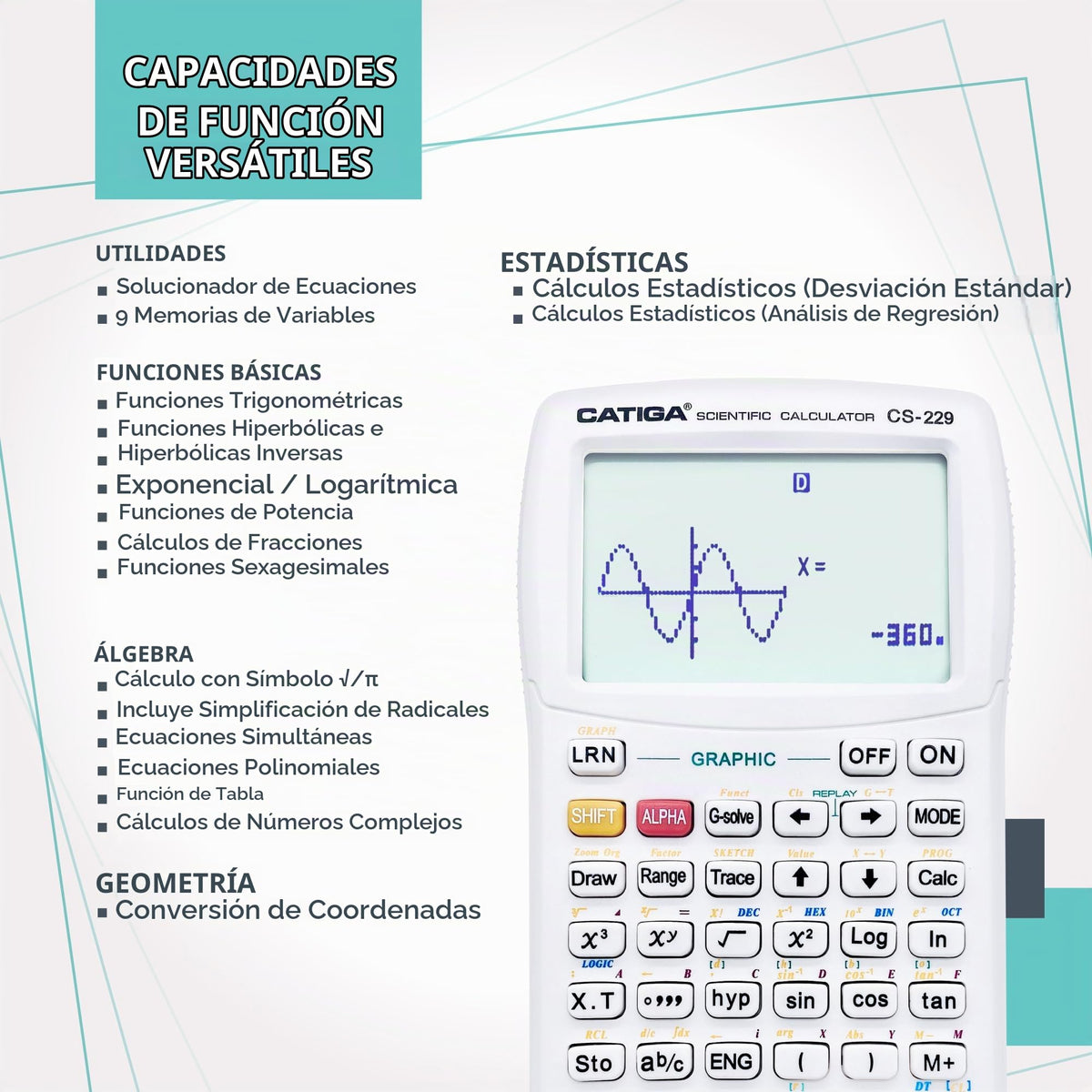 Calculadora Científica CATIGA CS-229 Negra con Funciones Gráficas para Principiantes y Avanzados