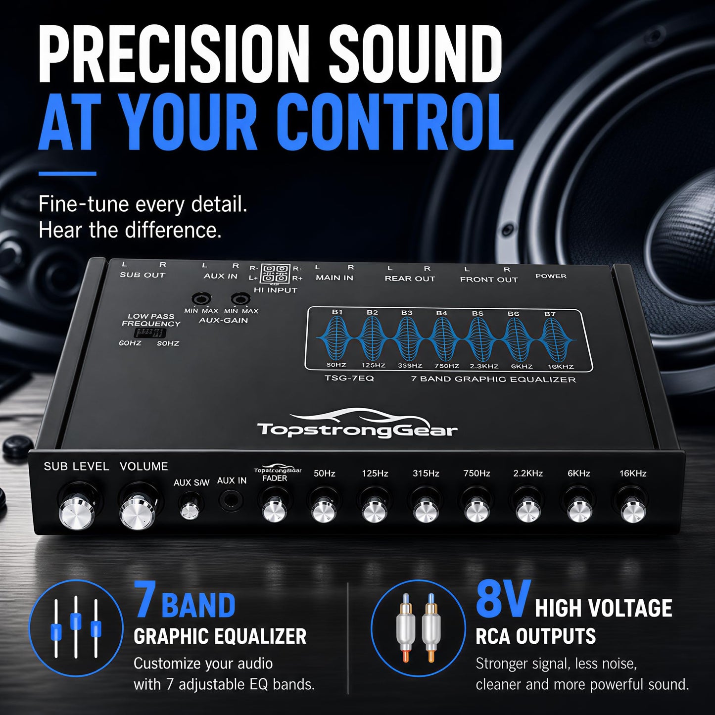 TOPSTRONGGEAR TSG7EQ - Ecualizador gráfico de audio de coche de 7 bandas con entrada auxiliar frontal de 3,5 mm, salidas RCA de alto voltaje y entradas de altavoz de alto nivel