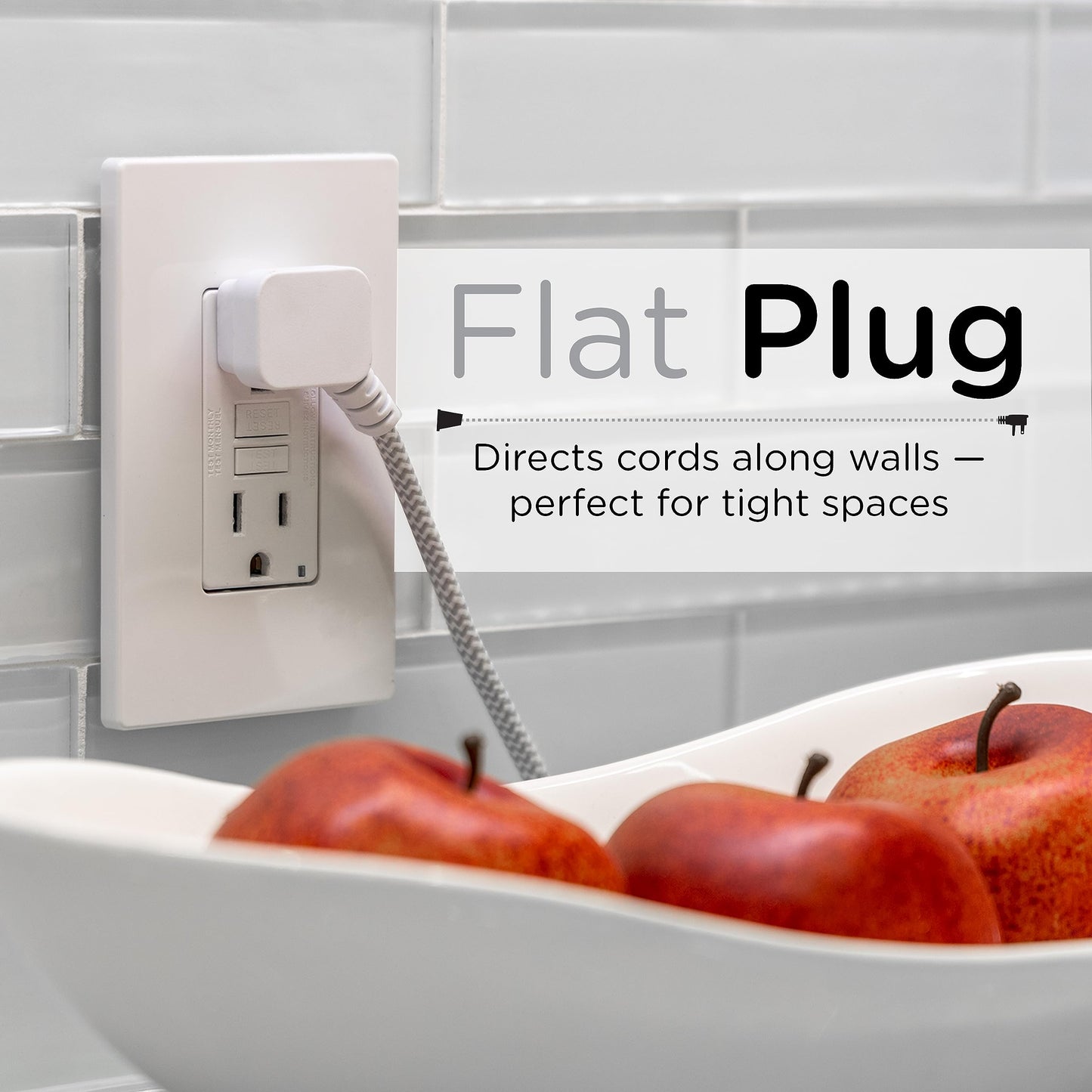 Cordinate Designer, Extension Electrica de 3 salidas polarizadas, Cable Trenzado de 2.4 m (8 pies), Sistema de Seguridad para Trabar, Enchufe Plano, Certificacion ETL Blanco/Gris 1 paquete ‎39980