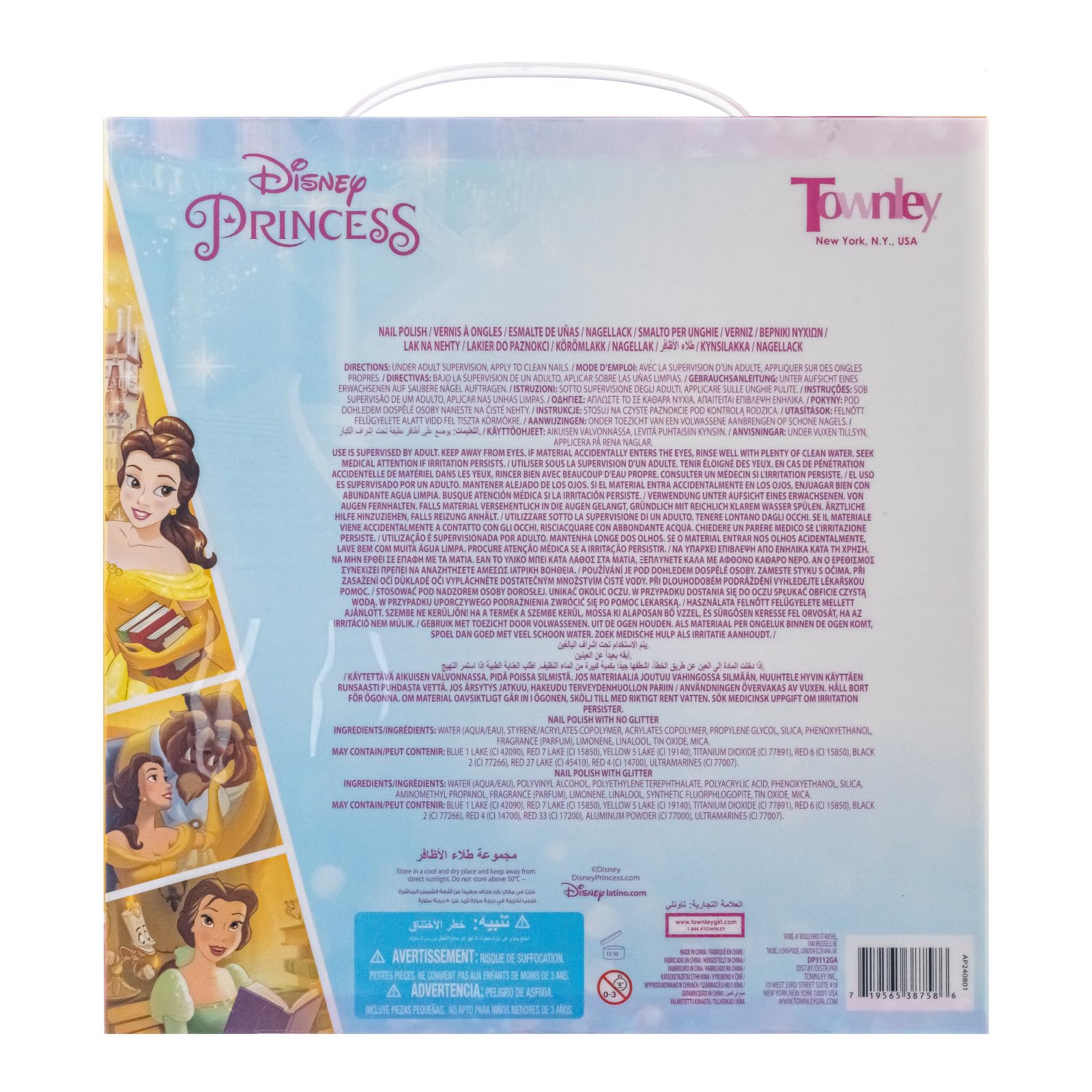 Disney Princess - Townley Girl Belle 18 piezas no tóxicas Peel-Off a base de agua seguro kit de esmalte de uñas de secado rápido | Juego de pintura de uñas para regalo de cumpleaños para niñas, colores brillantes y opacos| Niños mayores de 3 años