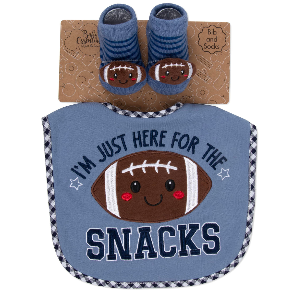 Baby Essentials - Juego de babero y calcetín para bebé, accesorio de fútbol, regalo para recién nacidos y bebés (Blue I'm Just Here for The Snacks, 0-12 meses)