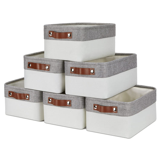 DULLEMELO Cestas de almacenamiento para organizar, pequeñas cestas de tela para estantes, armarios, guardería, hogar, oficina, cestas de regalo vacías (paquete de 6, gris y blanco)