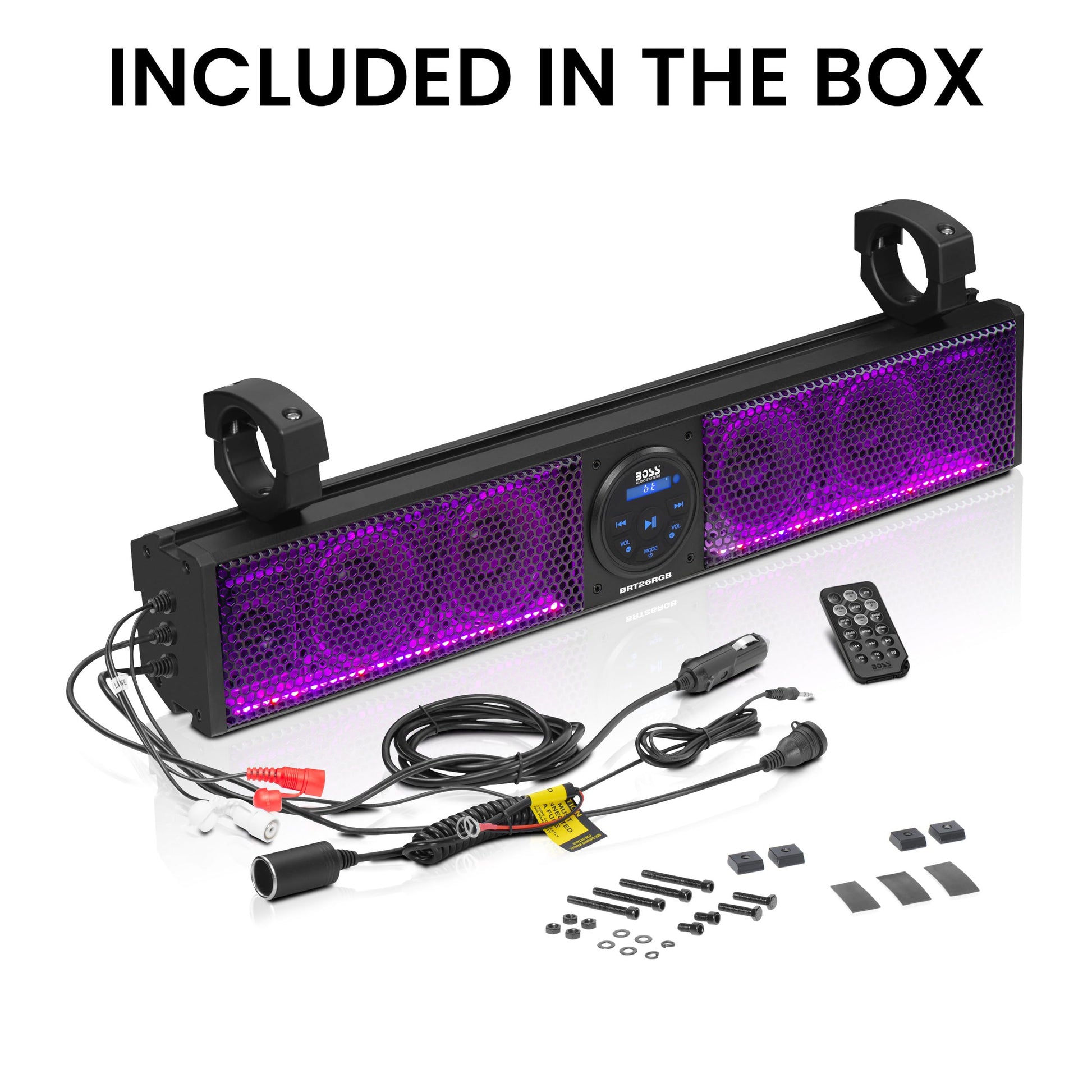 BOSS Audio Systems BRT26RGB ATV UTV Barra de Sonido – 26 Pulgadas de Ancho, Altavoces de 4 Pulgadas, tweeters de 1 Pulgada, IPX5 Resistente a la Intemperie, Bluetooth, Amplificador Incorporado,