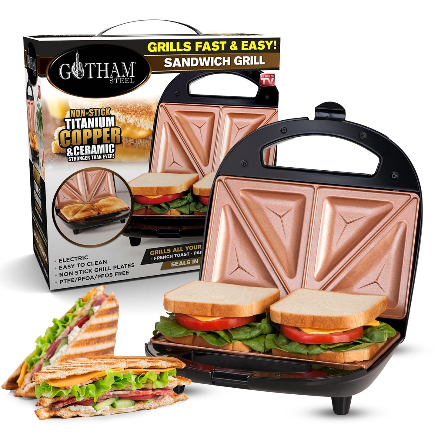 Gotham Steel Sandwich Maker, Toaster and Electric Panini Grill with Ultra Nonstick Copper Surface - Makes 2 Sandwiches in Minutes with Virtually No Clean Up, with Easy Cut Edges and Indicator Lights