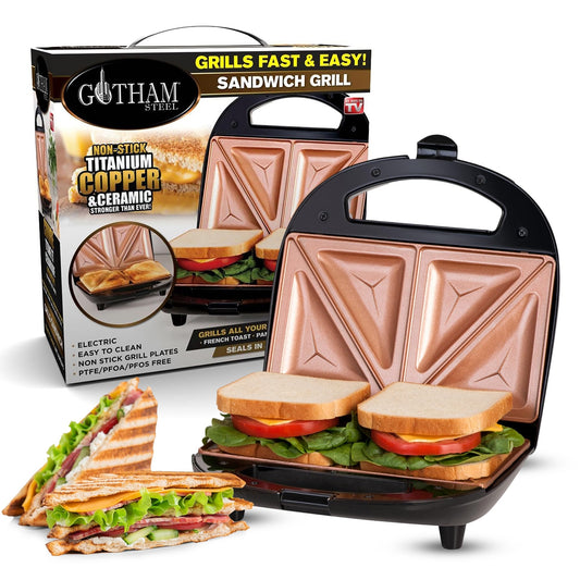Gotham Steel Sandwich Maker, Toaster and Electric Panini Grill with Ultra Nonstick Copper Surface - Makes 2 Sandwiches in Minutes with Virtually No Clean Up, with Easy Cut Edges and Indicator Lights