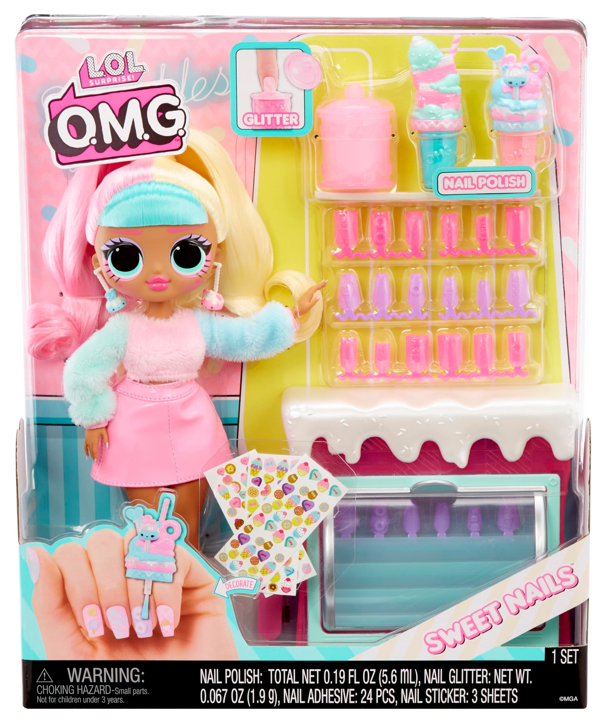 L.O.L. Surprise! OMG Sweet Nails - Candylicious Sprinkles Shop - con 15 sorpresas Que Incluyen Esmalte de uñas Real, uñas postizas, Pegatinas, Purpurina, 1 muñeca de Moda y Mucho más - Edad: 4+ años