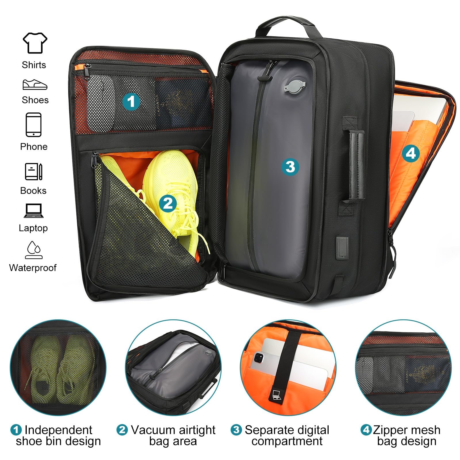 Mochila de Viaje Expandible TANGCORLE Negro 45L para Mujeres y Hombres