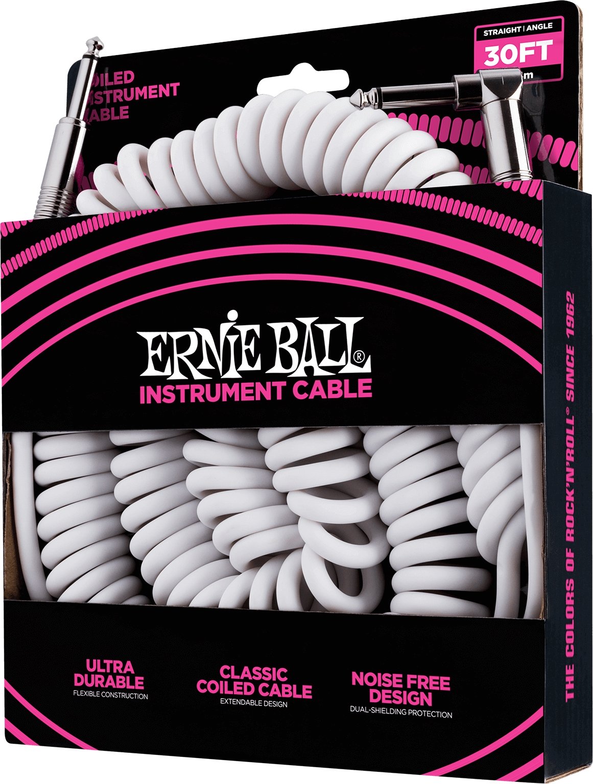 Ernie Ball - Cable en espiral para instrumentos, recto/acodado, 9,1 m, color blanco