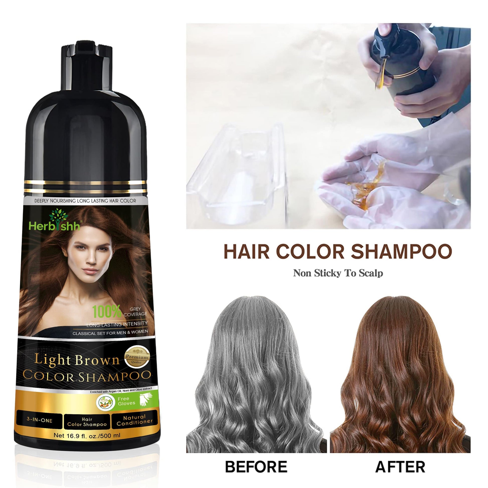Herbishh - Champú colorante para cabello gris, champú con tinte natural para el cabello, colorea el cabello en minutos, dura hasta de 3 a 4 semanas, 500 ml, tinte de cabello 3 en 1, sin amoniaco | (marrón claro)