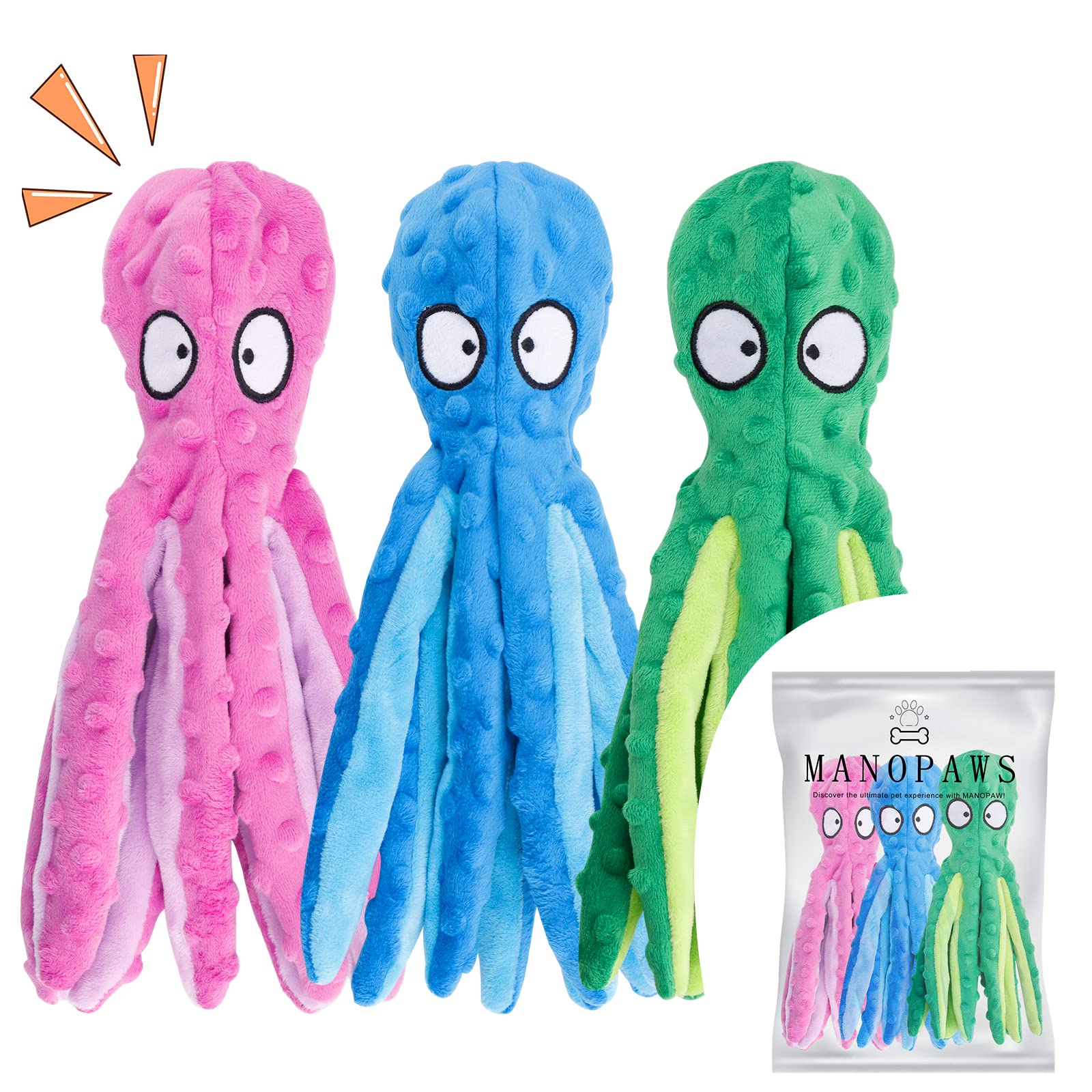 MANOPAWS - Juguetes chirriantes para perros, paquete de 3 juguetes para perros pequeños, perros medianos, perros grandes, juguetes masticables para dentición de cachorros, masticadores agresivos, juguetes de peluche sin relleno (pulpo)