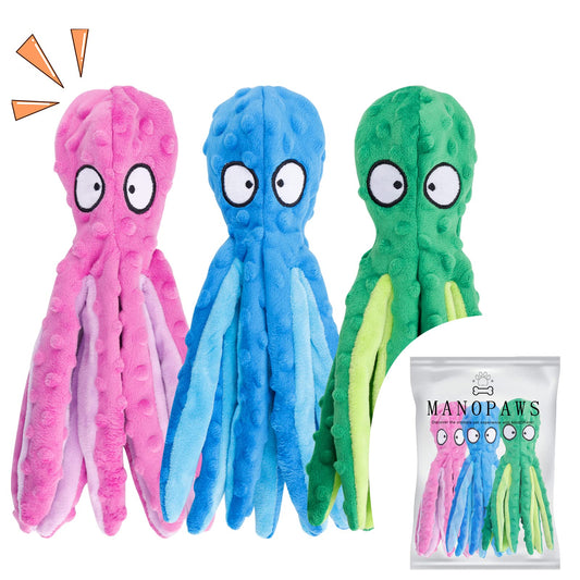 MANOPAWS - Juguetes chirriantes para perros, paquete de 3 juguetes para perros pequeños, perros medianos, perros grandes, juguetes masticables para dentición de cachorros, masticadores agresivos, juguetes de peluche sin relleno (pulpo)
