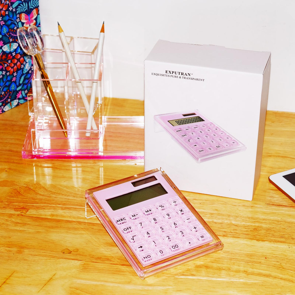Calculadora Acrílica EXPUTRAN Rosa con Soporte y Energía Solar Híbrida de 12 Dígitos para Escritorio