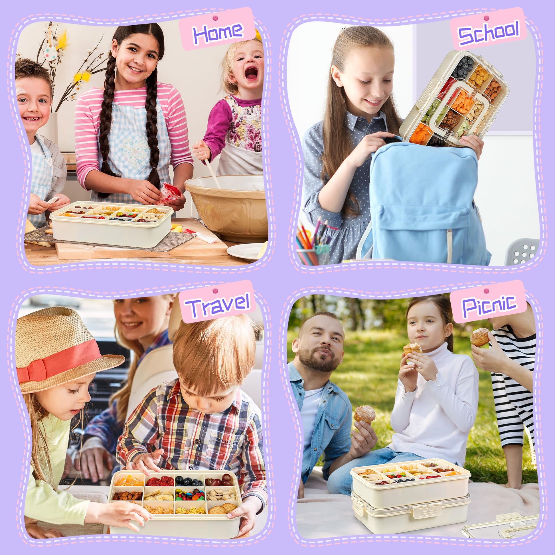 Xyptorix - Contenedor de caja de aperitivos para niños, 12 compartimentos ajustables con tapa y asa, apto para lavaplatos, sin BPA, almacenamiento portátil de alimentos para la escuela, viajes, parque
