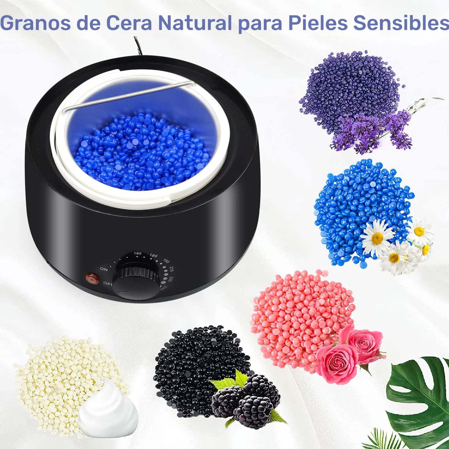 Cera para Depilar, Cera Depiladora con 500g Perlas de Cera Dura, Kit Cera Española para Depilar para Cejas | Bikini, Piernas, Axilas y Más, Calentador de Cera Eléctrico para Depilación con 20 Espátulas y 2 Frascos de Spray Tratante(Negro)