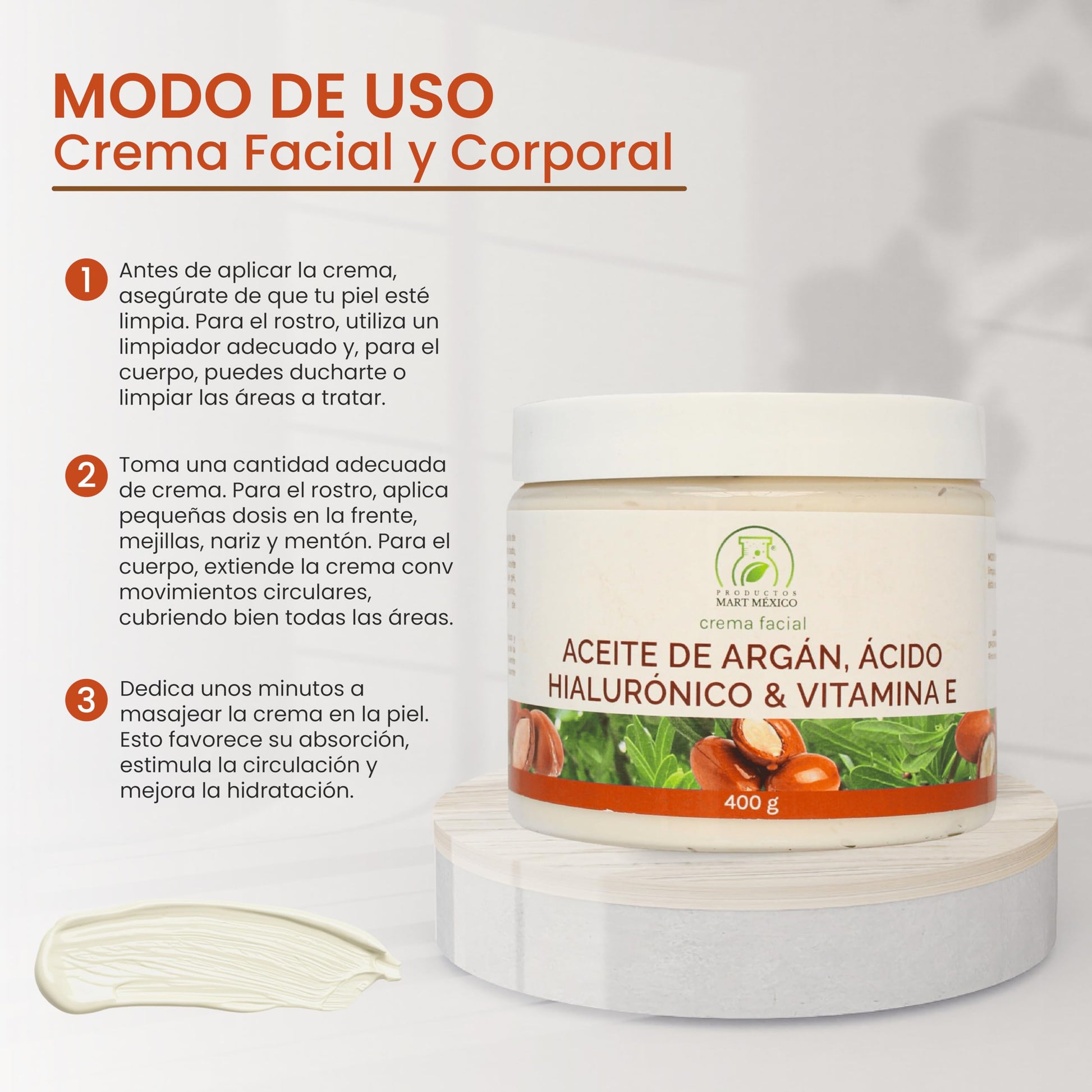 Crema Facial Antiarrugas de Argán, Ácido Hialurónico & Vitamina E Piel Renovada Productos Mart Mexico 400 Grs