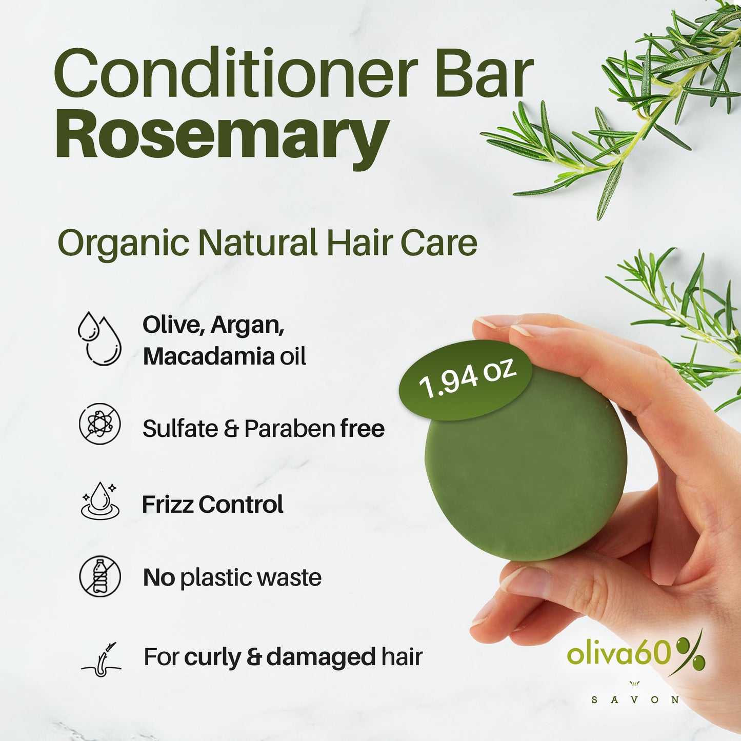 Acondicionador en barra de oliva. Oliva60. Extra hidratante. Desenreda y repara. Con aceite de argán orgánico, macadamia, manteca de karité. Provitamina B5. Libre de sulfatos, parabenos, siliconas. 55gr. (Romero)