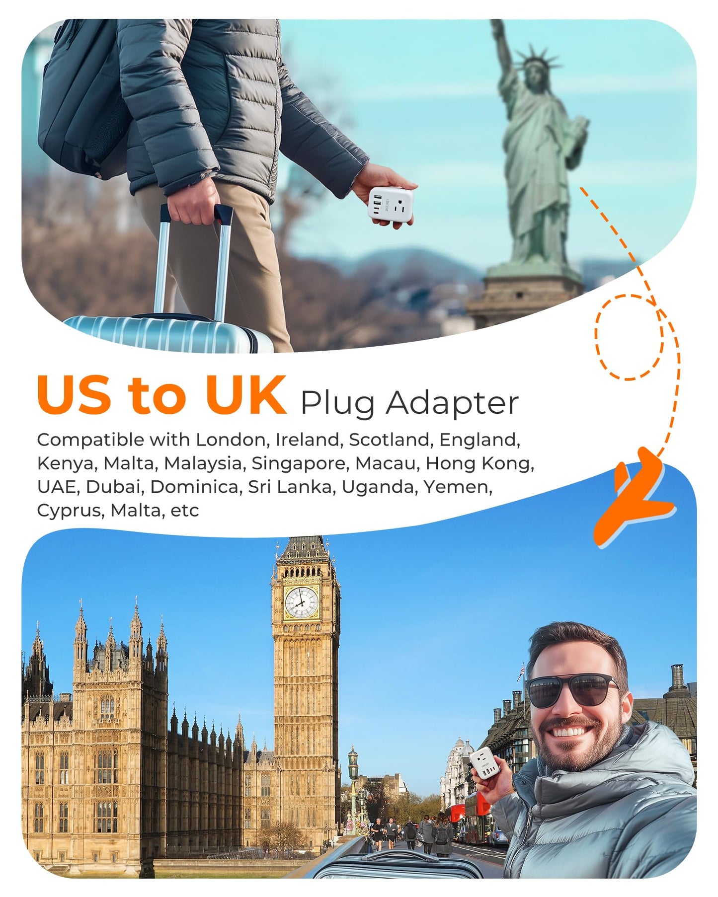 LENCENT 2X Adaptador de Viaje Enchufe UK, Cargador con 4 Salidas CA y 4 Puertos USB (2 USB-C), Convertidor de Enchufe Americano a Inglés Tipo G con Toma de Tierra, para Reino Unido, Irlanda, Hong Kong