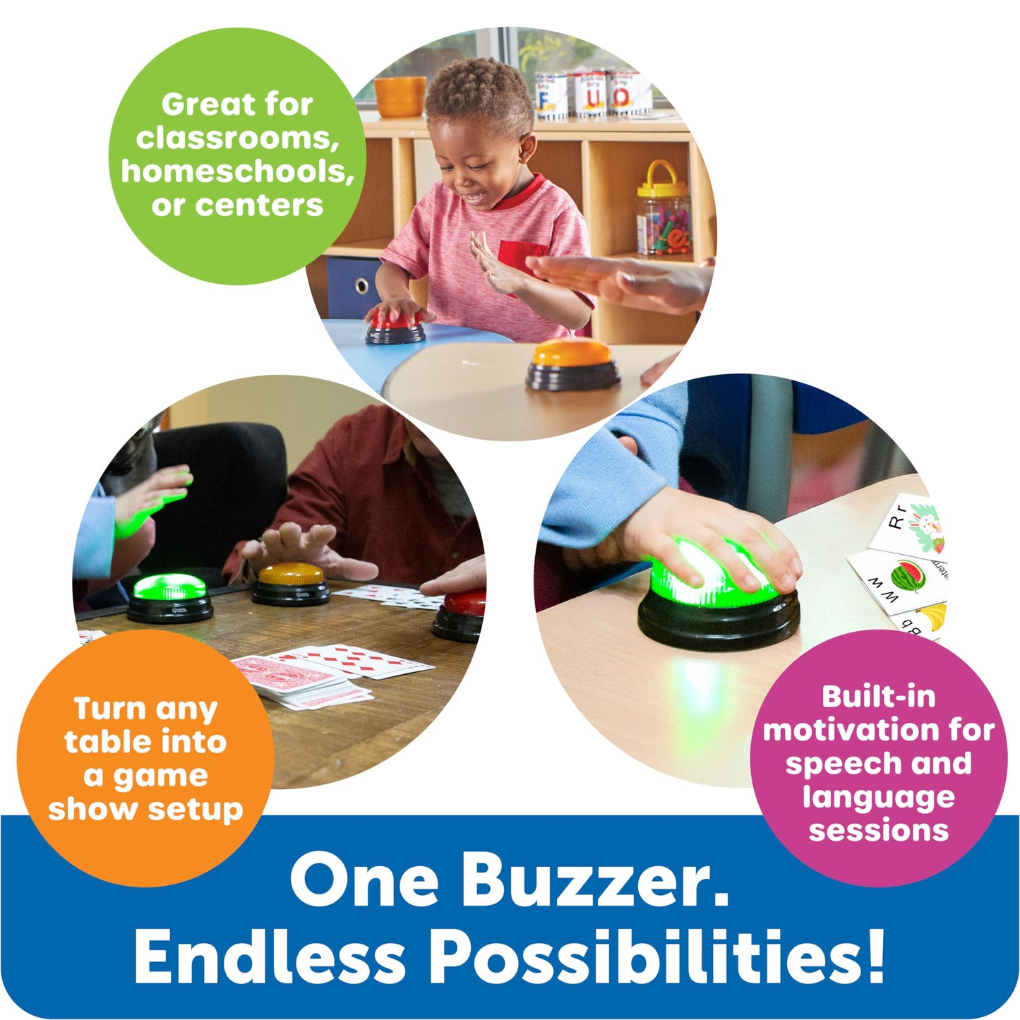 Learning Resources Lights and Sounds Buzzers, Juegos para Noche Familiar, Juegos de Trivia, Set de 4, para niños Mayores de 4 años
