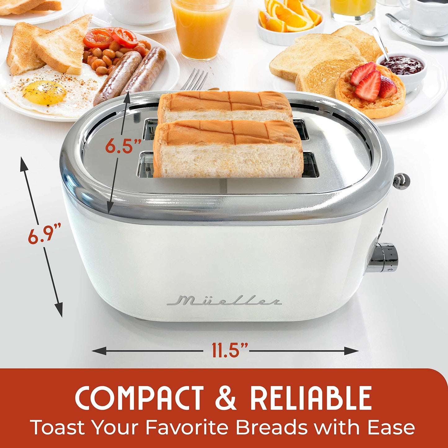 MÜELLERHOME tostador retro de 2 rebanadas, 7 niveles de dorado, 3 funciones (recalentar, descongelar, cancelar), bandeja extraíble para migas, almacenamiento de cable debajo de la base,