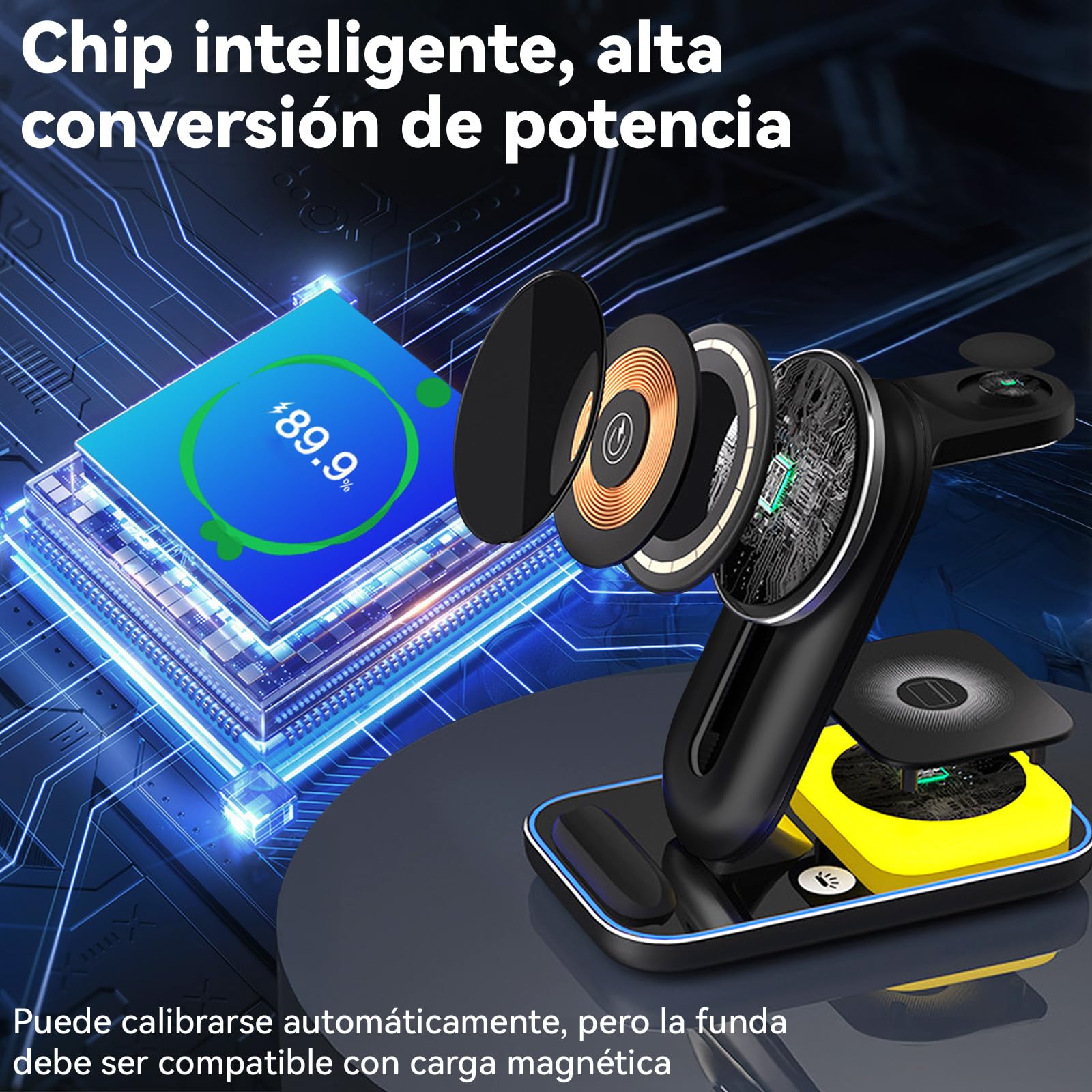 Cargador inalámbrico 3 en 1,Estación de Carga con 18W Cable de 1M y Luz Ambiental,Compatible con Samsung Galaxy,iPhone 12/13/14/15/16/Pro/Pro Max,AirPods 2/3/4/Pro y Apple Watch SE/10/9/8/7/6/5/4