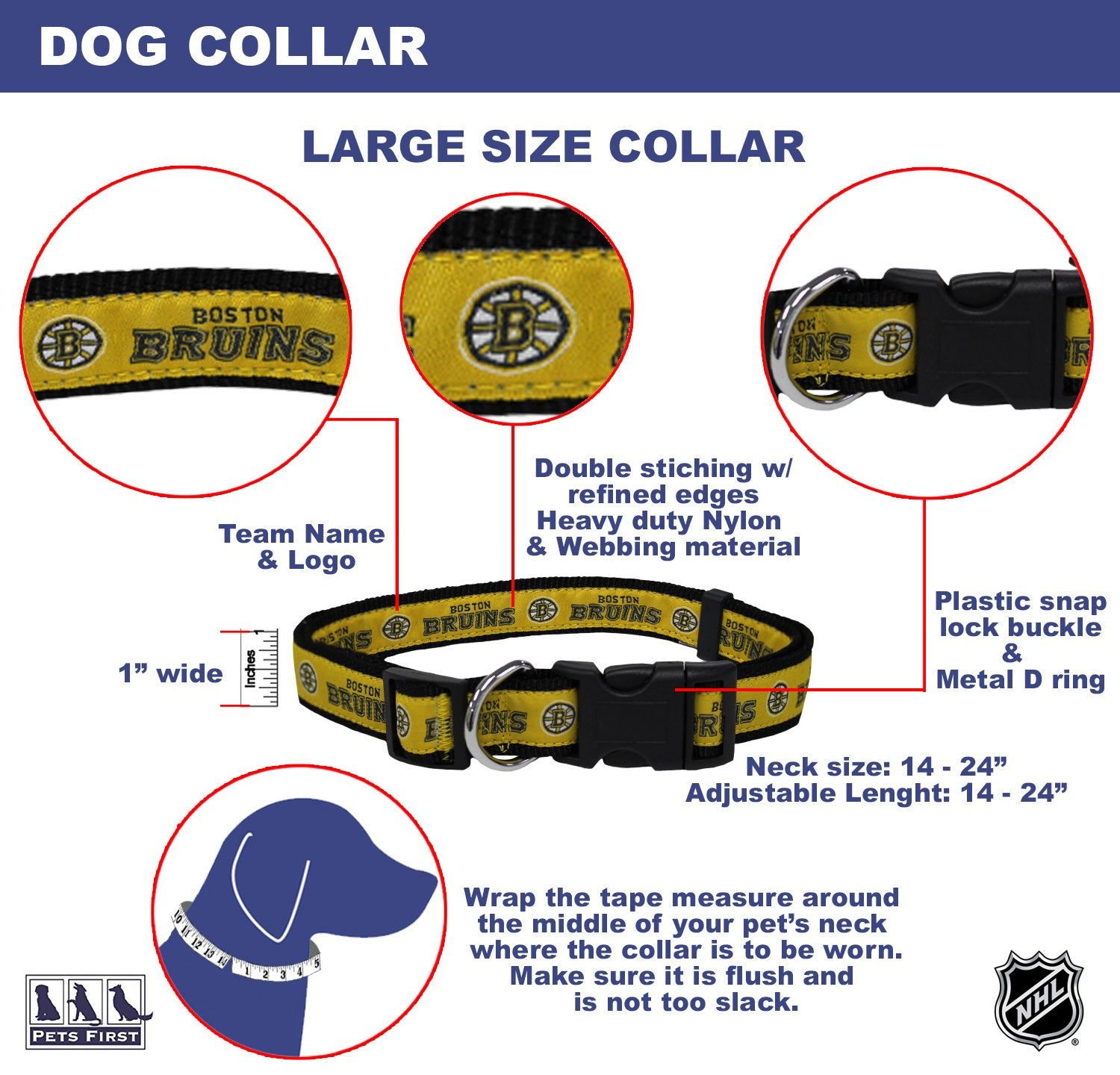Collar Ajustable para Perros y Gatos Pets First NHL Boston Bruins Grande para Fanáticos del Hockey