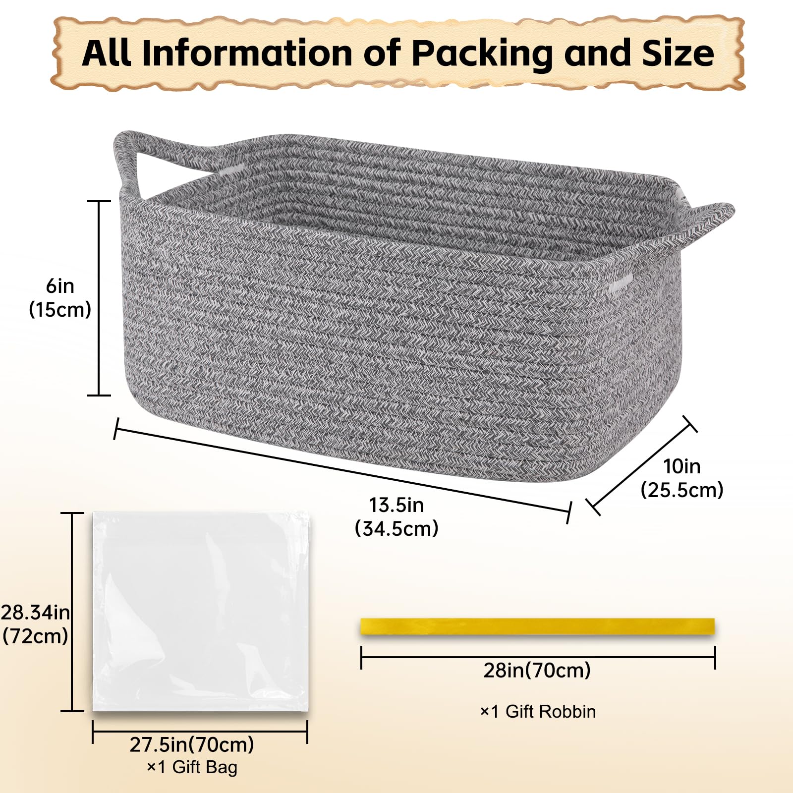 OIAHOMY - Cesta de regalo vacía con bolsas de regalo y cintas, cesta de cuerda para baby shower, cesta de almacenamiento con asas para guardería, cesta de juguetes para mascotas, color gris