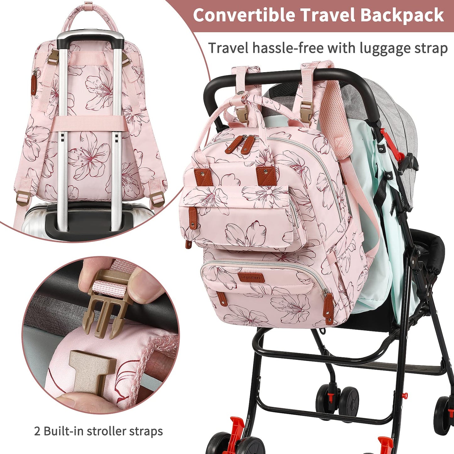 Mochila para pañales, mochila grande para pañales con cambiador portátil, bolsas de pañales para bebés para niñas, mochila de viaje floral multifunción para mamás papás con bolsillos aislados y