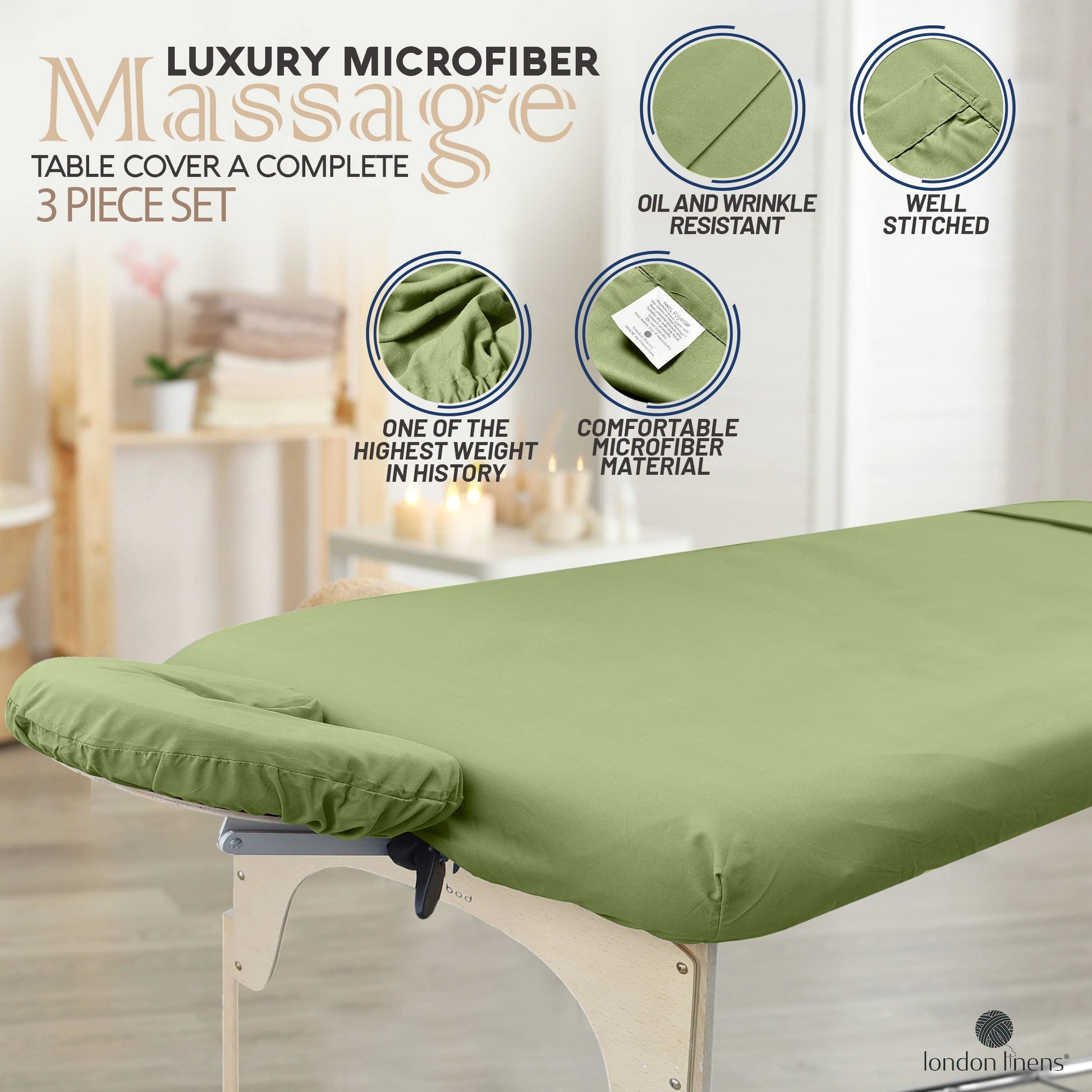 London Linens Soft Microfiber Massage Table Sheets Set 3 Piece Set - Includes Massage Table Cover, Massage Fitted Sheet, and Massage Face Rest Cover (Sage Green)