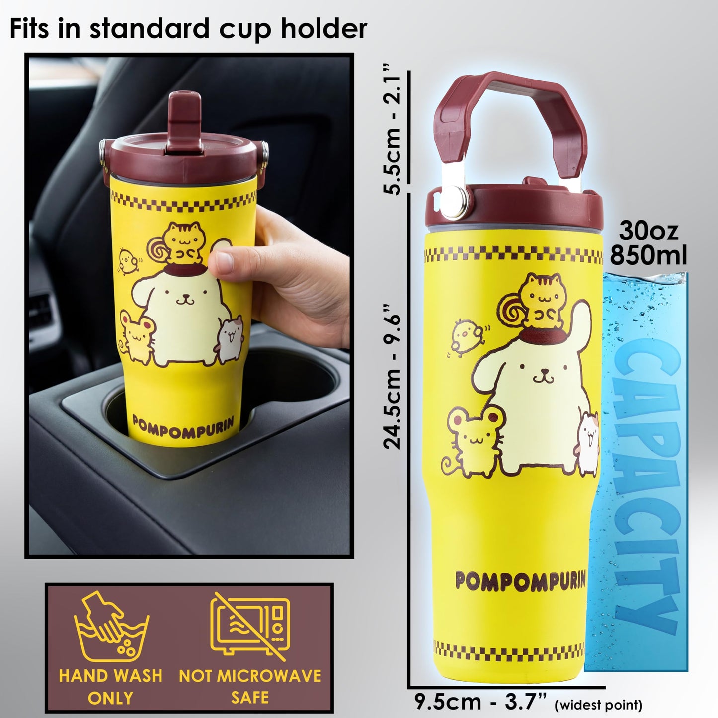 Get Trend Hello Kitty Pompompurin Botella de agua de acero inoxidable con asa y pajita de 30 onzas, para niños, aislada, sin BPA, a prueba de fugas, mantiene el frío por 12 horas, caliente por 5 horas