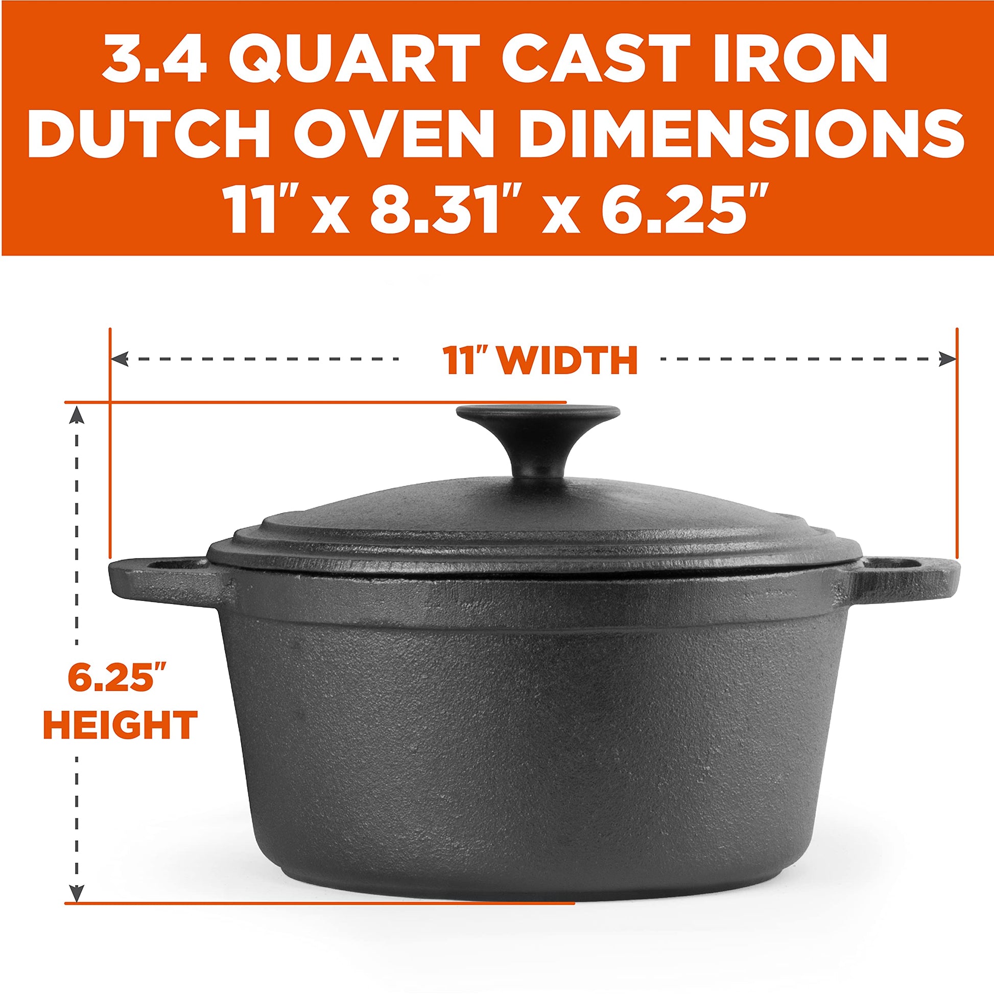 Cast Iron 3.4 Quart Cuisine Dutch Oven Set with Dome Lid & Handles for Outdoor & Indoor Cooking by Commercial Chef