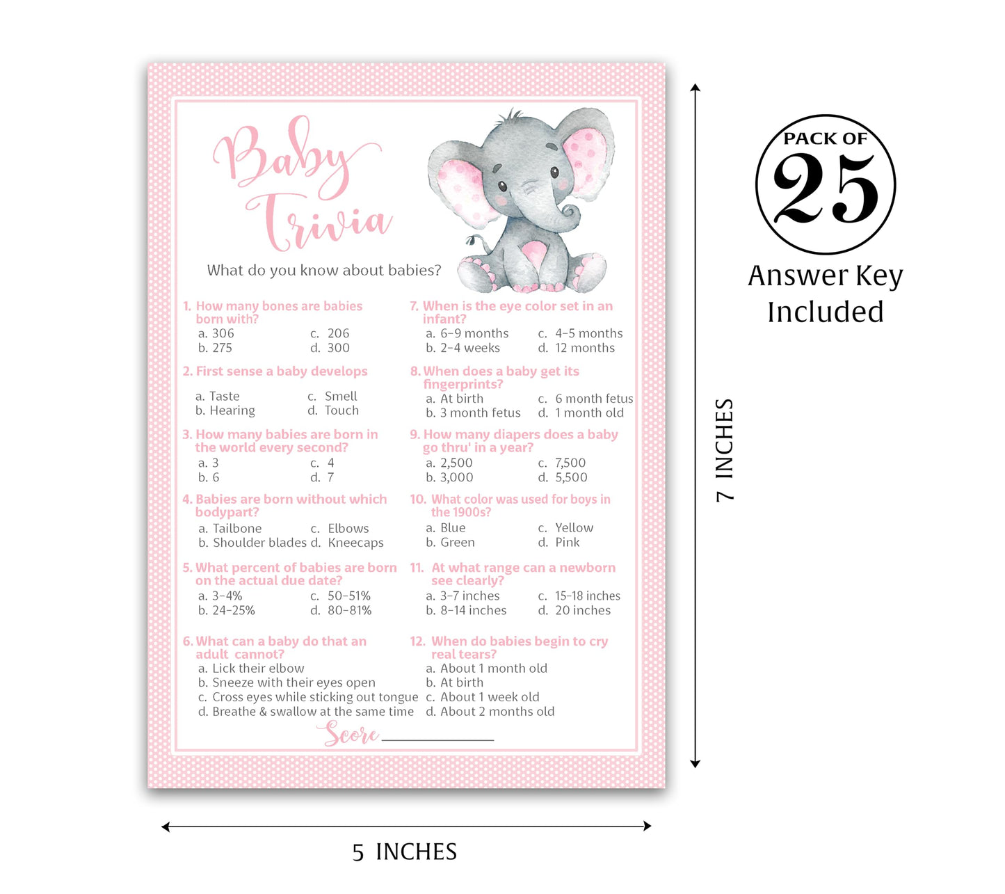 Pink Elephant Baby Shower Games - Juego Baby TRIVIA - Paquete de 25 - Actividad de ducha para niñas, diseño de elefante rosa para bebés, fiesta de revelación de género G500-TRV