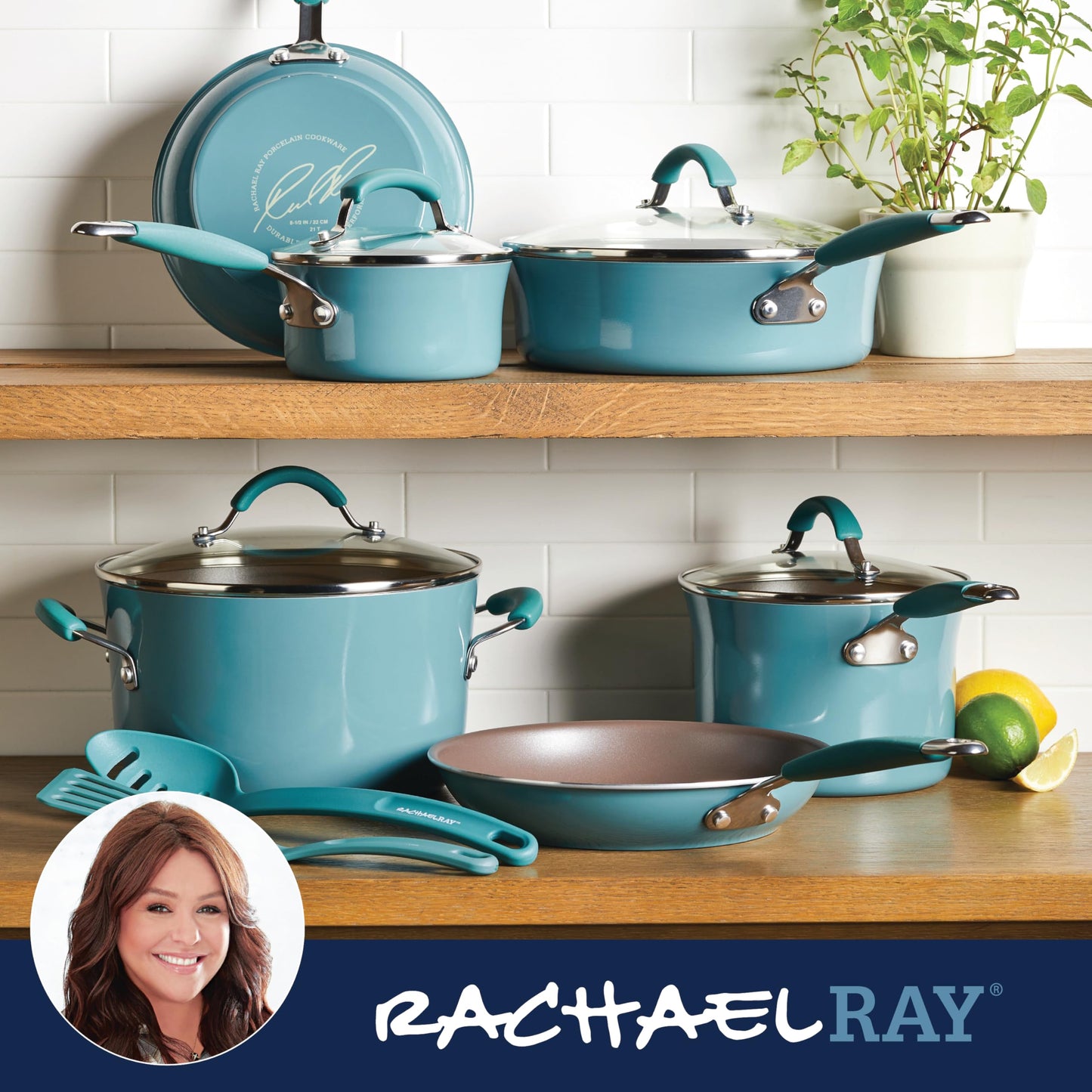 Batería de Cocina Rachael Ray Azul Aqua Porcelana Dura Antiadhesiva 12 Piezas