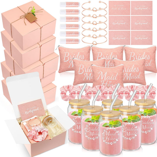 FillTouch - 42 piezas de regalo para dama de honor, regalos de despedida de soltera, incluye caja de regalo, vasos de vidrio, bolsas de maquillaje para cosméticos, tarjetas invitadas, bálsamo labial,