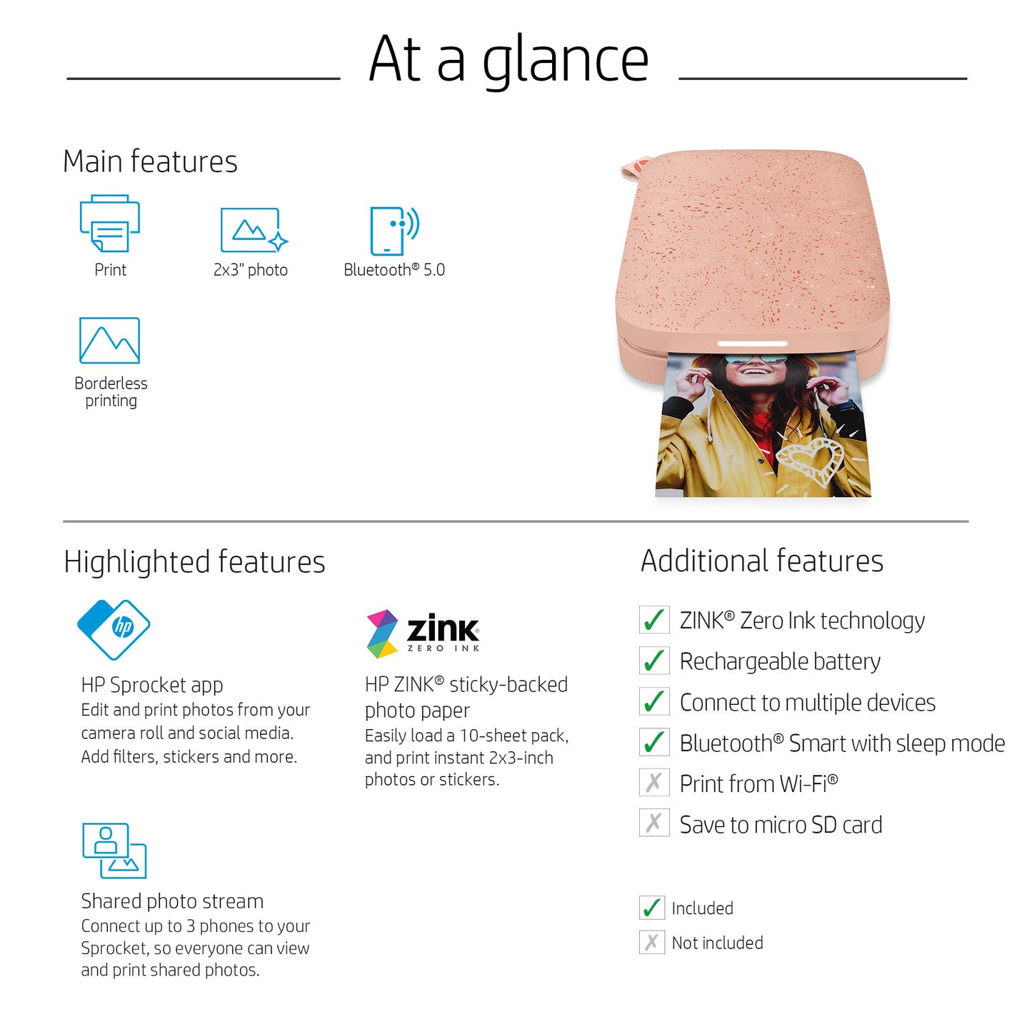 HP - Impresora fotográfica portátil Sprocket, imprime al instante fotos con reverso adhesivo de 2 x 3 pulgadas desde tu teléfono, Blush 1AS89A