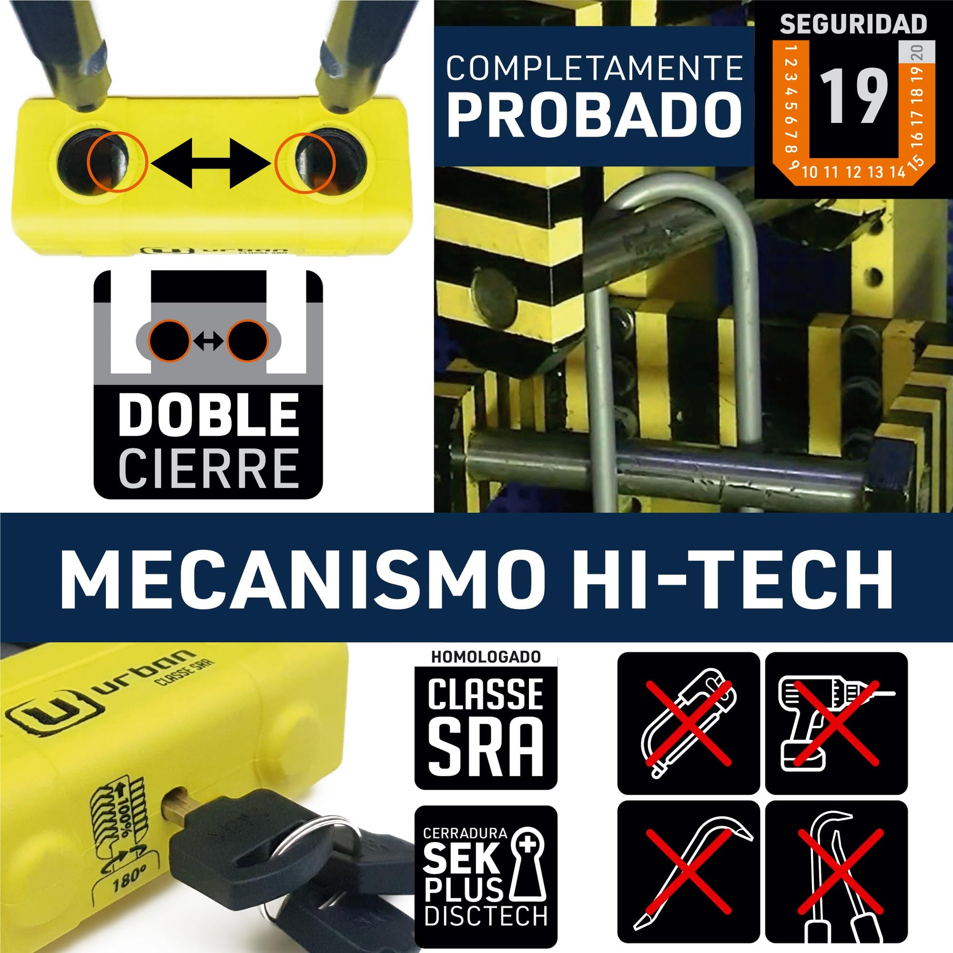 urban UR74120 Candado Cadena Antirrobo Moto Alta Seguridad Homologado Classe SRA, Mini U Bloqueo Disco + Cadena ø13.5, 120 cm, Amarillo