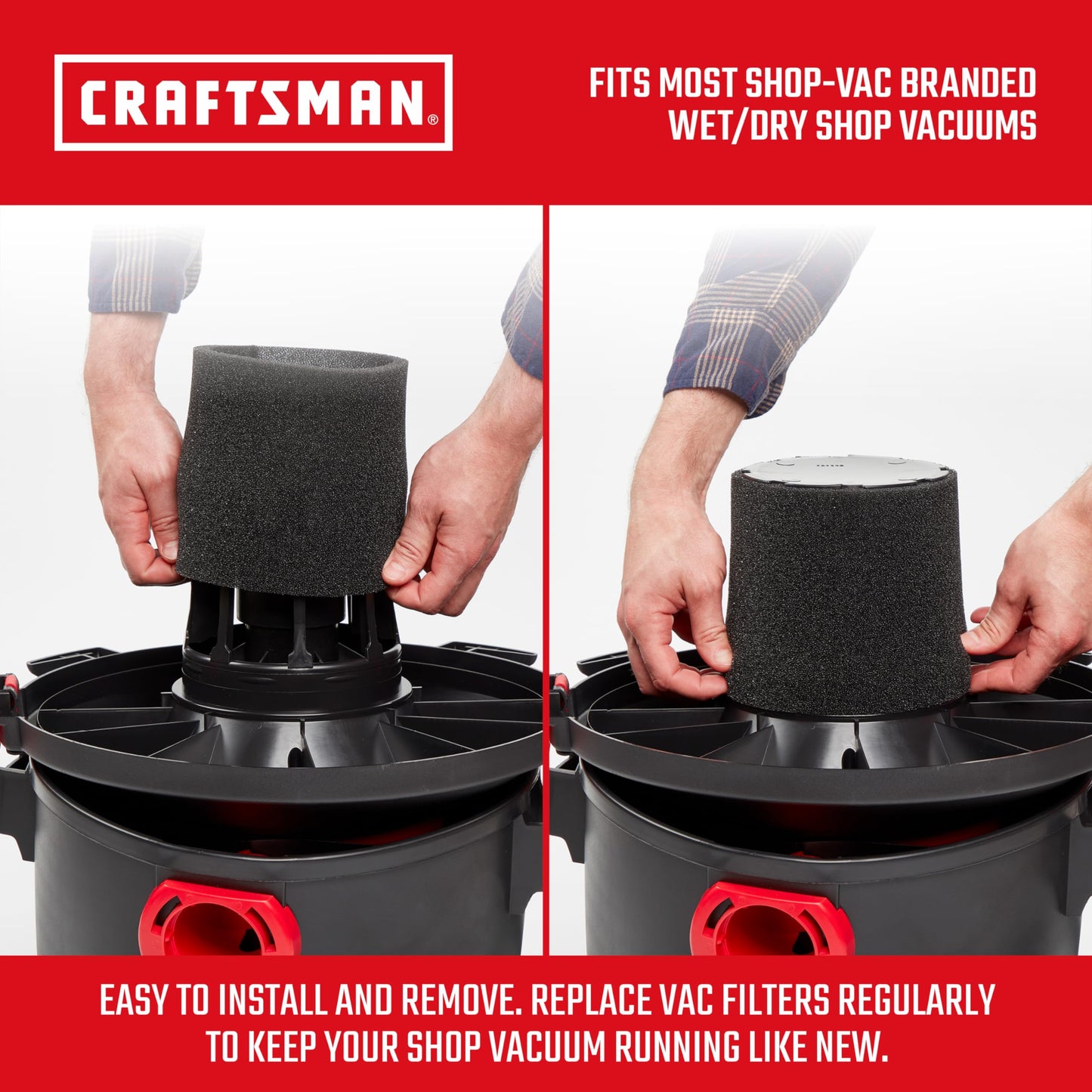CRAFTSMAN CMXZVBE38765 - Filtro de aspiradora de repuesto para aspiradora de espuma y secado húmedo, lavable y reutilizable, filtro de aplicación húmeda para la mayoría de aspiradoras de tienda de