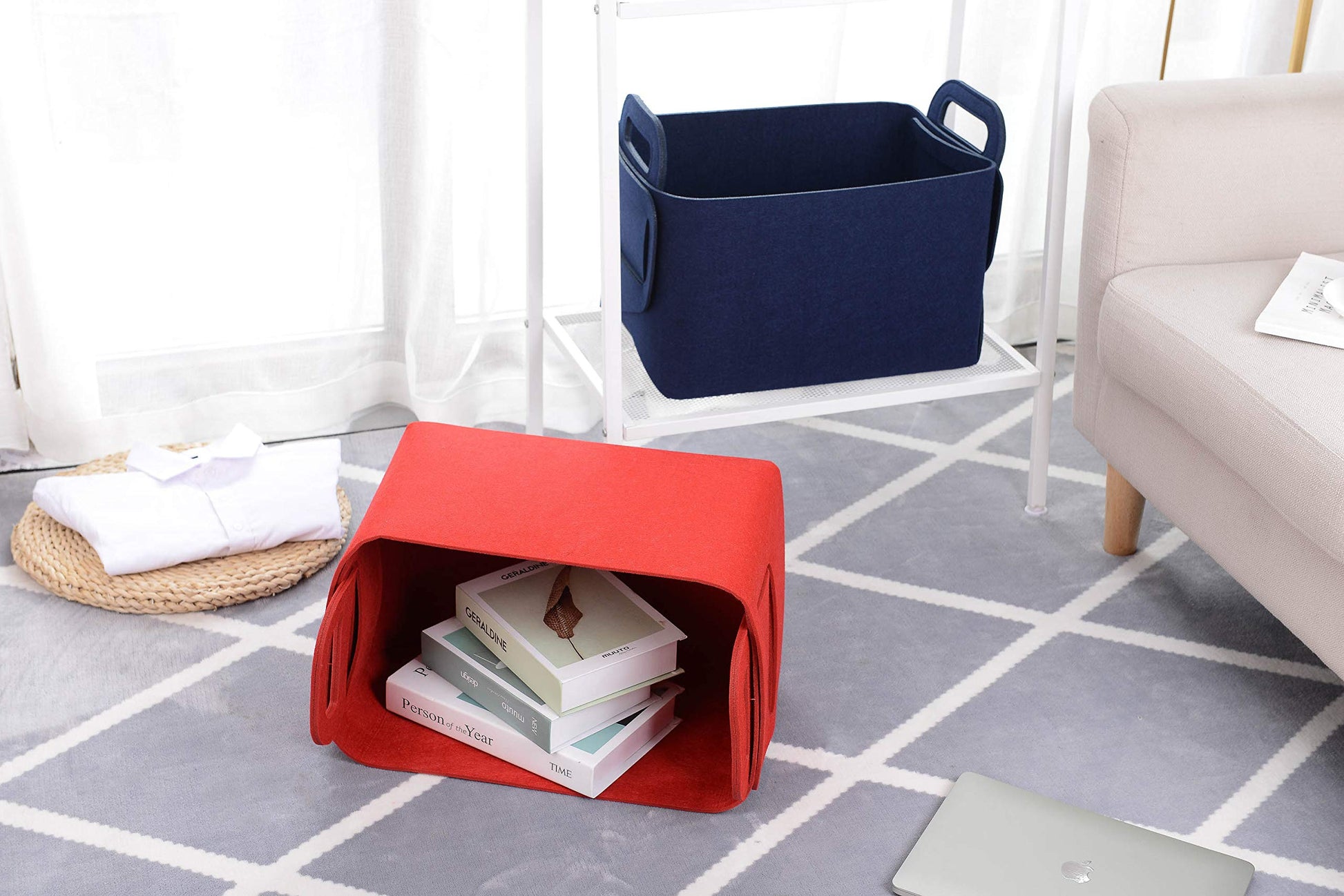Minoisome - Cesta de almacenamiento de fieltro plegable y conveniente organizador con asas de transporte para oficina, recámara, clóset, bebés, guardería, juguetes, ropa (azul marino, 15.7 pulgadas de