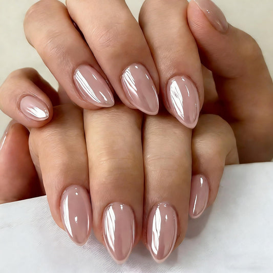 SXVME Uñas postizas cortas almendradas color rosa nude cromado, uñas postizas lindas con acabado brillante y diseño de espejo, uñas postizas stiletto con purpurina brillante, uñas de gel.