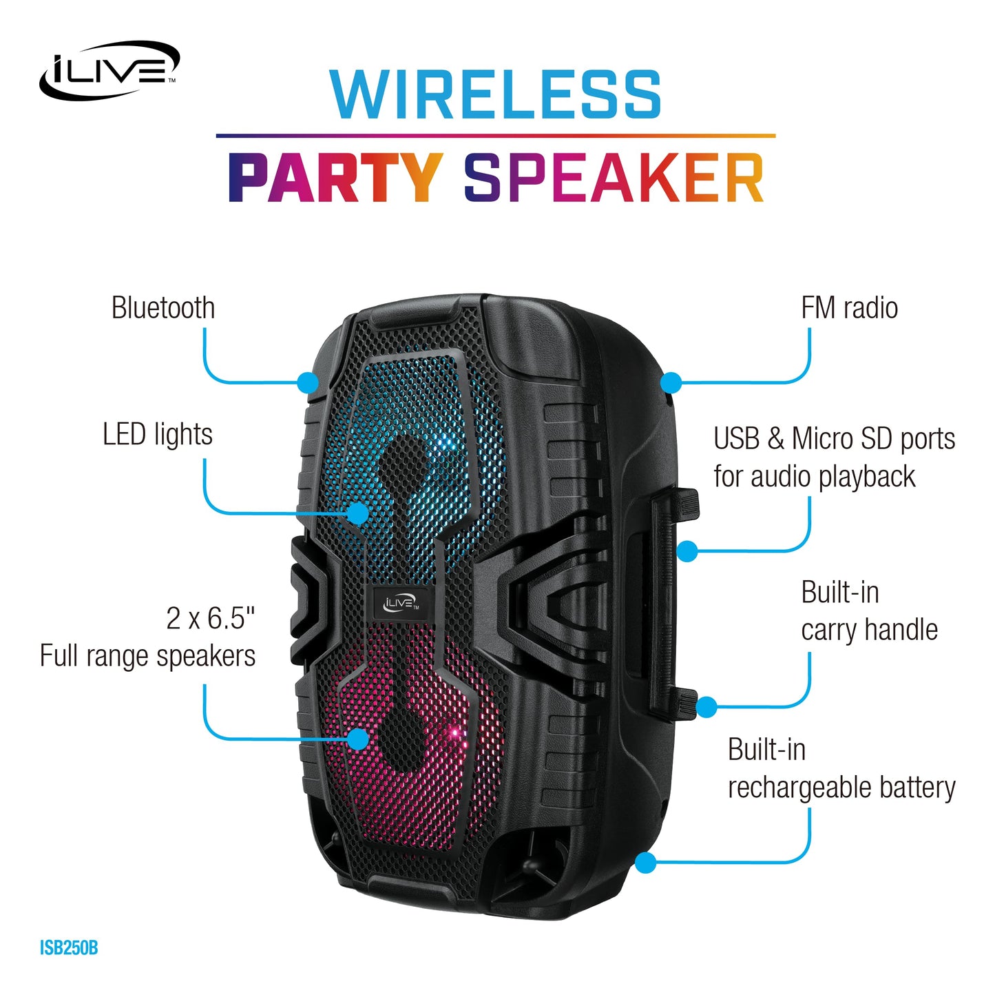 iLive Electronics - Altavoz inalámbrico para Fiesta de portón Trasero, Efectos de luz LED, asa de Transporte, Color Negro (ISB250B)