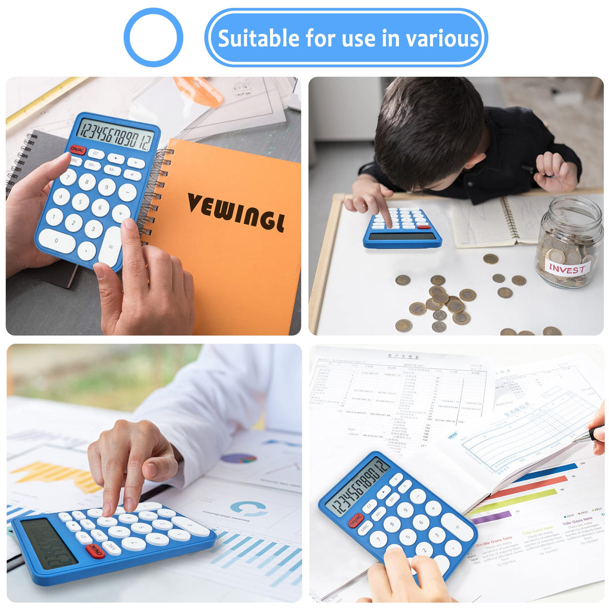 Calculadora estándar de 12 dígitos, visualización grande de computadora y botones, calculadora con visualización LCD grande para oficina, hogar y uso comercial, apagado automático (azul y blanco)