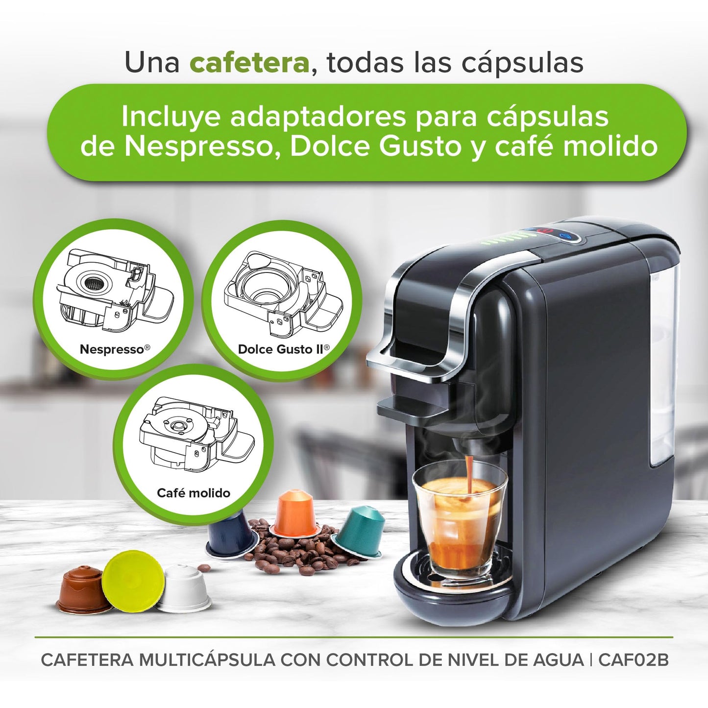 Cafetera Multicápsula AVERA Negra 3 en 1 Compatible con Cápsulas y Café Molido
