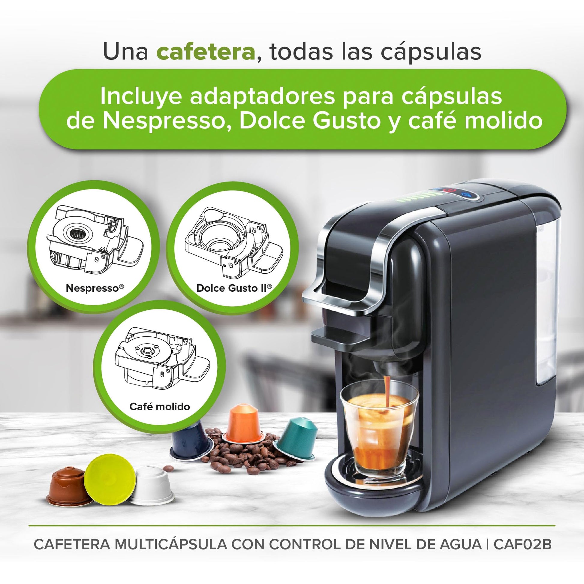 Cafetera Multicápsula AVERA Negra 3 en 1 Compatible con Cápsulas y Café Molido