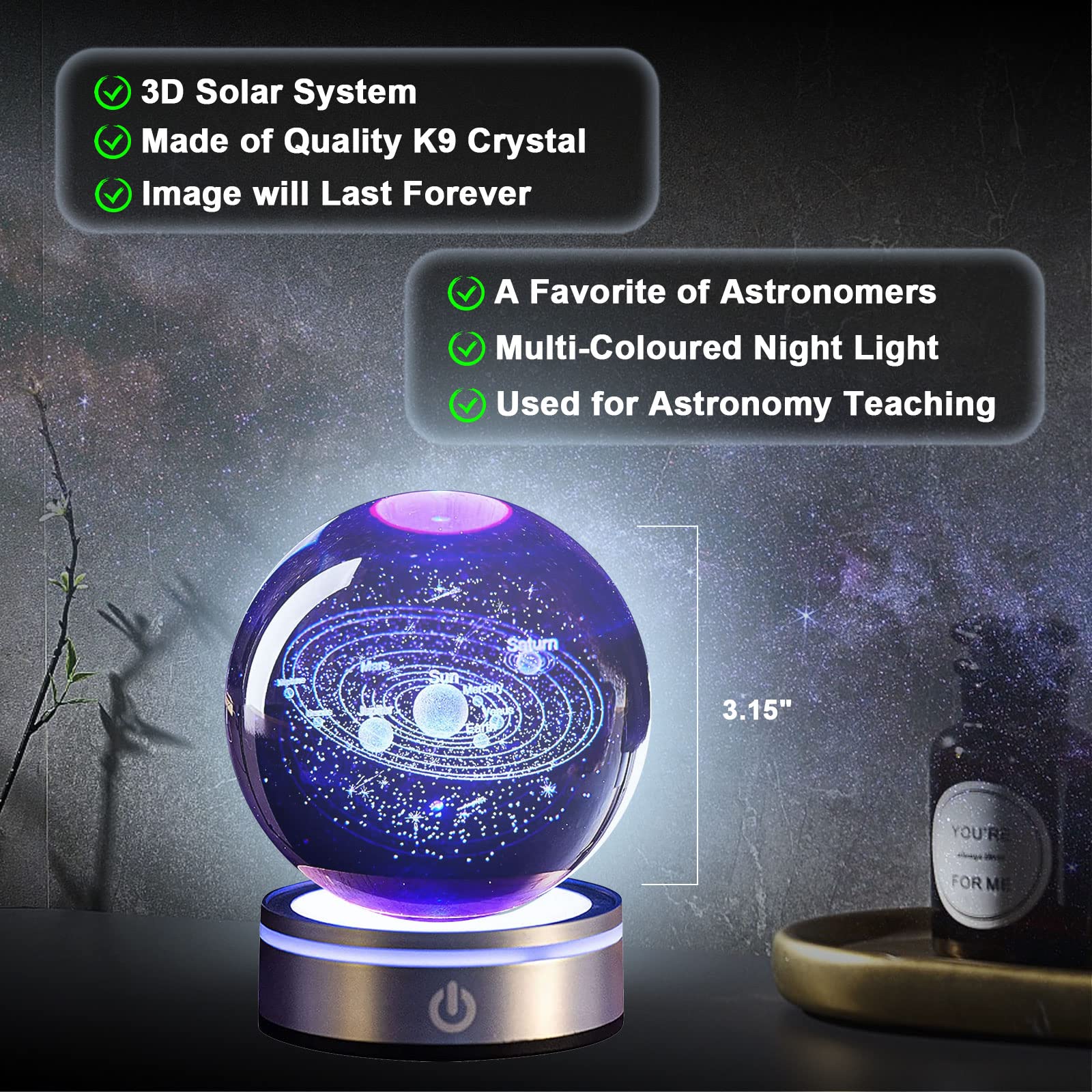 Bola de Cristal 3D, 8cm/3.15inch Sistema Solar Bola de Cristal Planetas Bola de Cristall con Base de la Lámpara del LED, Regalos de Astronomía de Planeta para Niños Adultos Amantes de la Astronomía