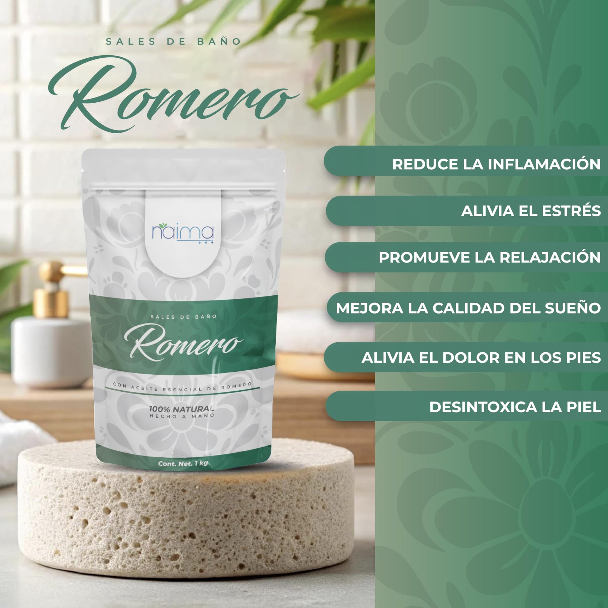 NAIMA Sal Epsom Romero, 1kg | Sulfato de Magnesio 100% Puro y Vegano | Relajante Para Baños, Masajes y Exfoliación | Ideal Para el Cuidado de Pies, Piel y Relajación en Casa| Sin Colorantes Artificiales