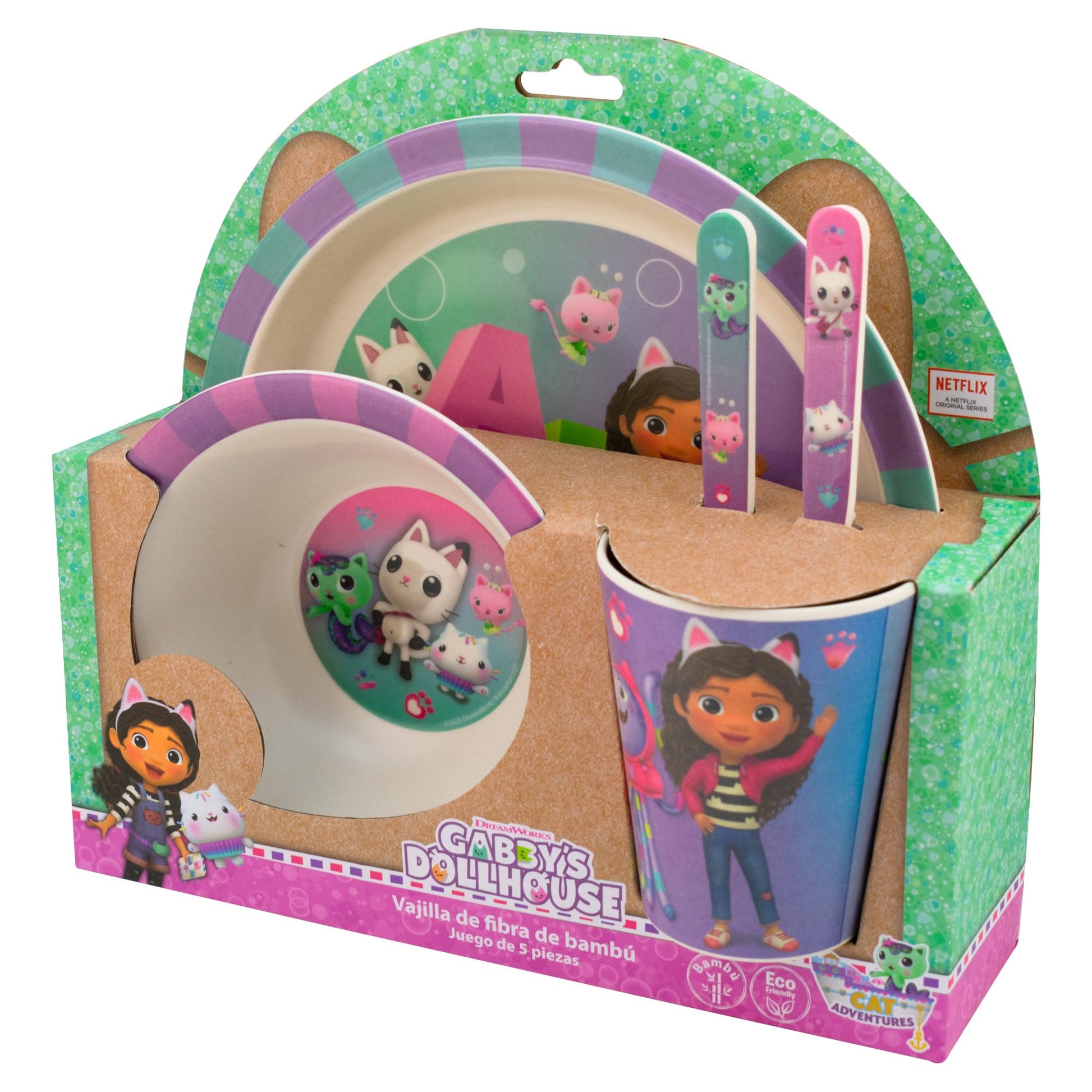 FunKids 1725-684 Vajilla Infantil Individual, Fibra de Bambú, Diseño Gabby’s Doll House y Amigos, Colección Universal Studios, Vajilla 5 Piezas: Plato Trinche, Tazón, Vaso y Cubiertos, Morado y Rosa