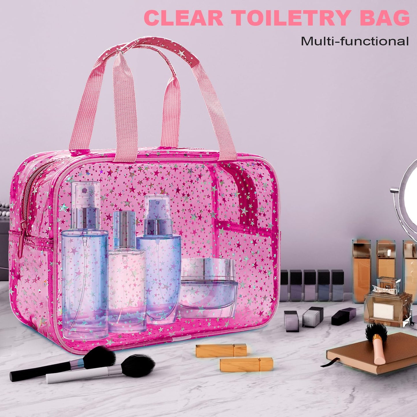 Bolsa de maquillaje transparente con inicial personalizada, bolsa de cosméticos rosa, bolsa de aseo de viaje, bonita bolsa de maquillaje transparente, bolsa organizadora para novia, maestro, regalos