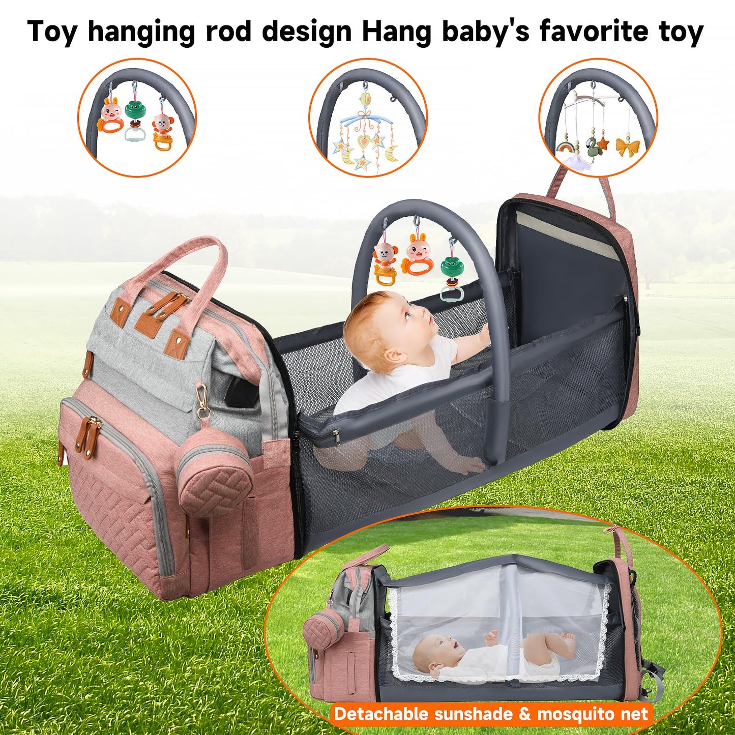 AHNTTGS - Bolsa para pañales con cambiador, Rosa-gris, Grande